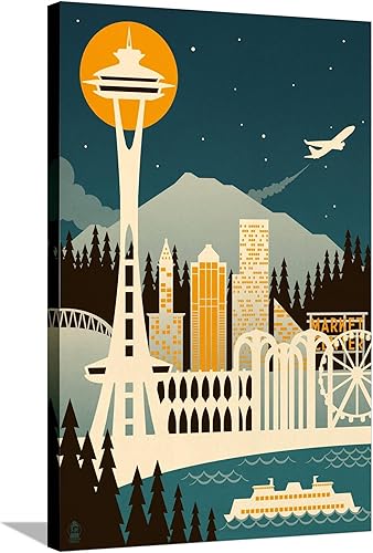 Miniatura 1 de ART.COM Lienzo decorativo para pared de Seattle, Washington, horizonte retro (sin texto) por Lantern Press, decoración de lugares, 24 x 36 pulgadas