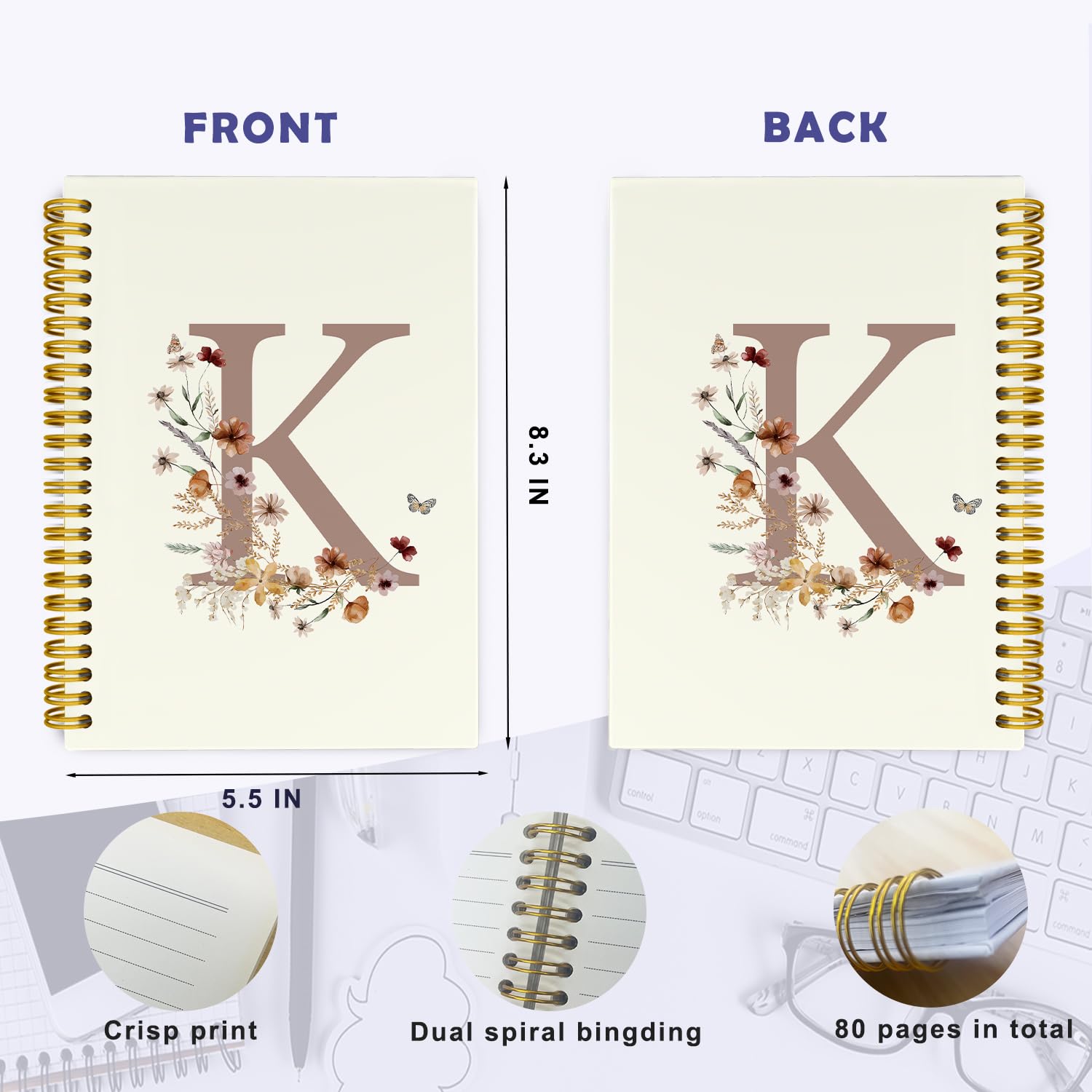 THDSE Cuadernos personalizados con letra K con inicial K, cuaderno retro floral personalizado con monograma en espiral, cuadernos vintage de tapa dura para la escuela, cuadernos universitarios rayados