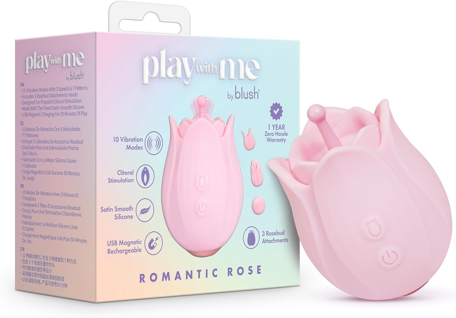 Blush Play With Me 3.25" Romantic Rose Silicone Vibrator w/ 3 Rosebud Attachment Heads, Clit & Nipple Stimulator UltraSilk Massager for Women, 10 Vibe Modes, USB Charge, Pink Splashproof Adult Sex Toy