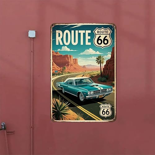 Miniatura 5 de Route 66 Classic Car - Letrero de metal con estampado de autopista americana, decoración estética de habitación para el hogar, dormitorio, cocina,