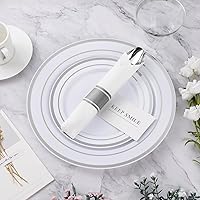 Vista 6 de BESTVIP 350PCS Silver Plastic Dinnerware Set, Disposable Party Plates for 50 Guests, Include: 100 Plastic Plates, 50 Pre Rolled Napkins with Silver