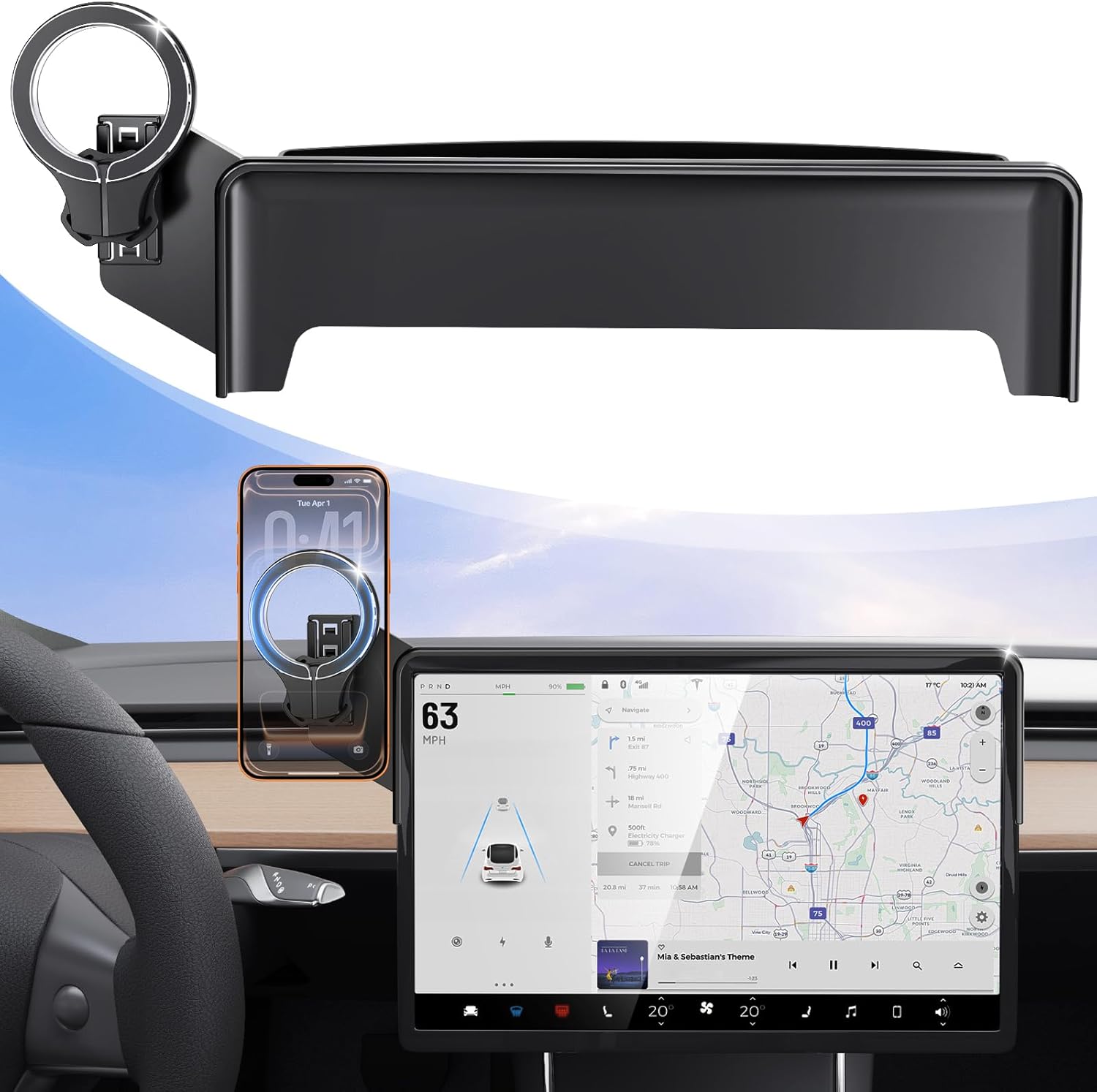 Magnetic Car Mount for Tesla Model Y 2020 2021 2022 2023 2024 2025 & Model 3 2017 2018 2019 2020-2023: 360° Adjustable Car Touch Screen Phone Holder Made for Model 3/Y, for Magsafe iPhone Accessories