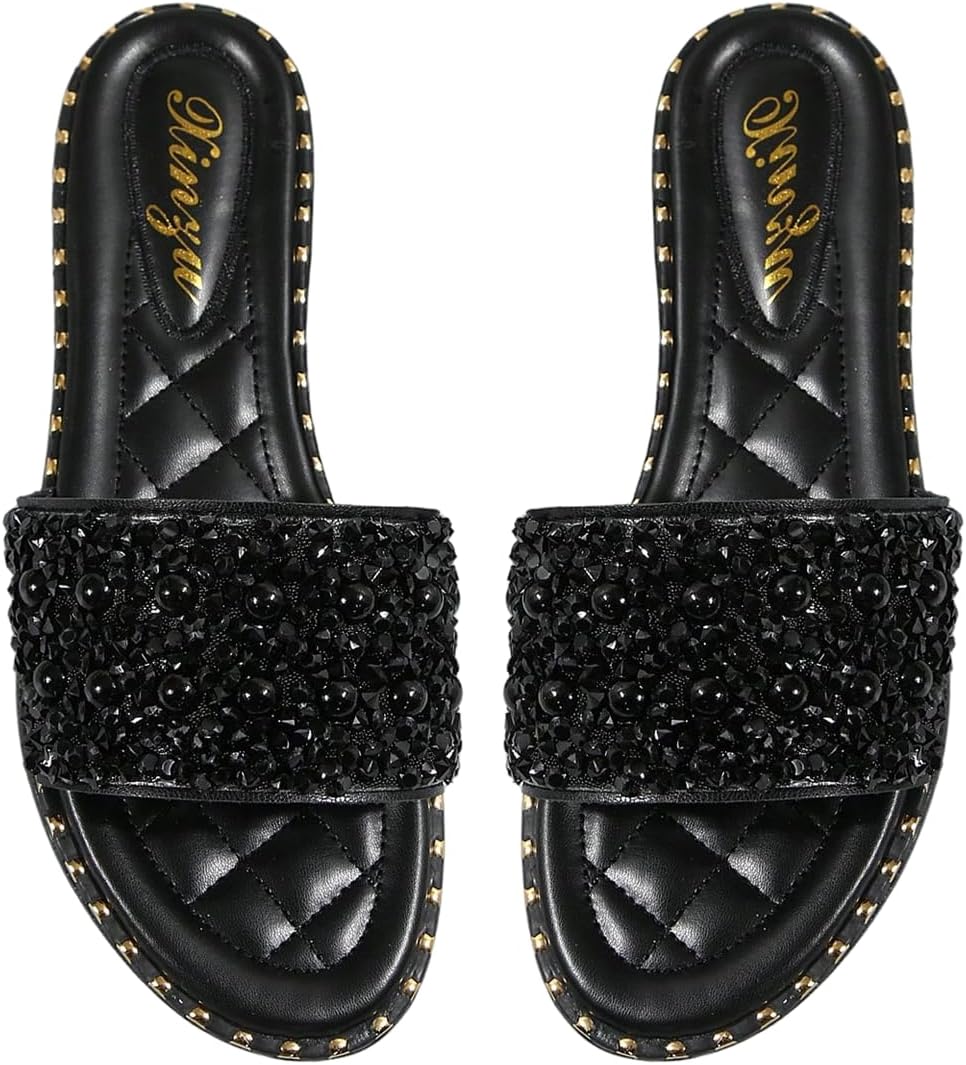 GORGLITTER Women's Summer Beach Vacation Slides Sandals Dressy Cute Summer Boho Pearls Square Toe Slip On Flats Slipper