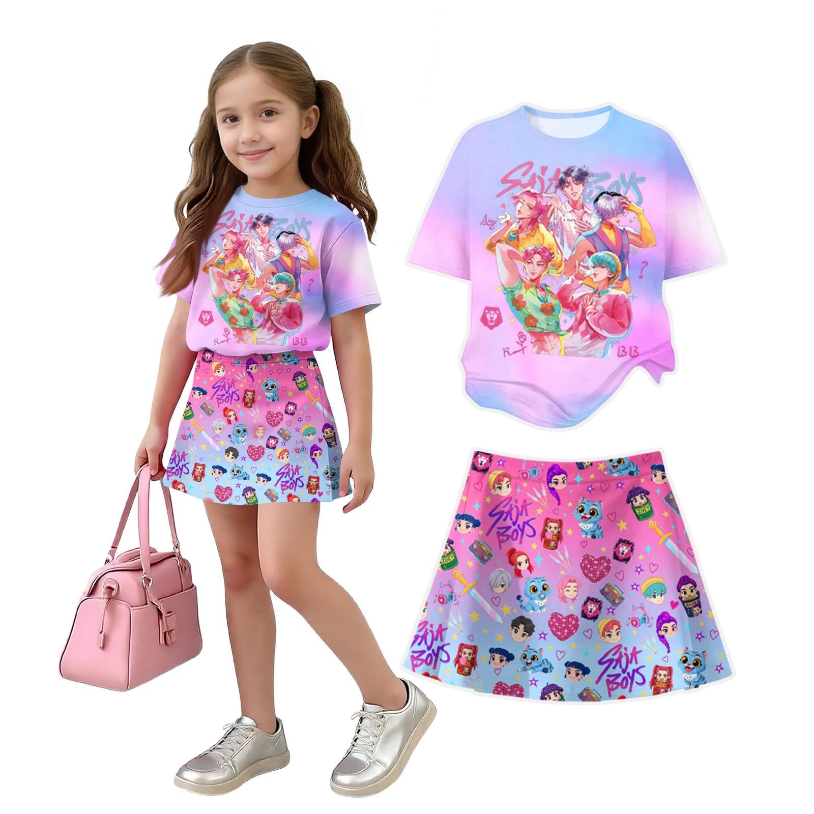 K Pop Short Sleeve T-Shirt and Skirts Outfits Set for Girls Hunters Girl's Anime Graphic Tees De-Mon Summer Sets — view 27