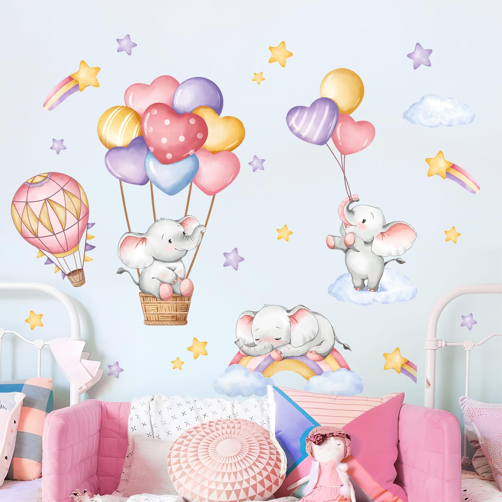 Hot Air Balloon Wall Decal, Personalised Wall Sticker, Watercolor Safari Animals Nursery Wall Decal, Jungle Decor Wall Art - UK