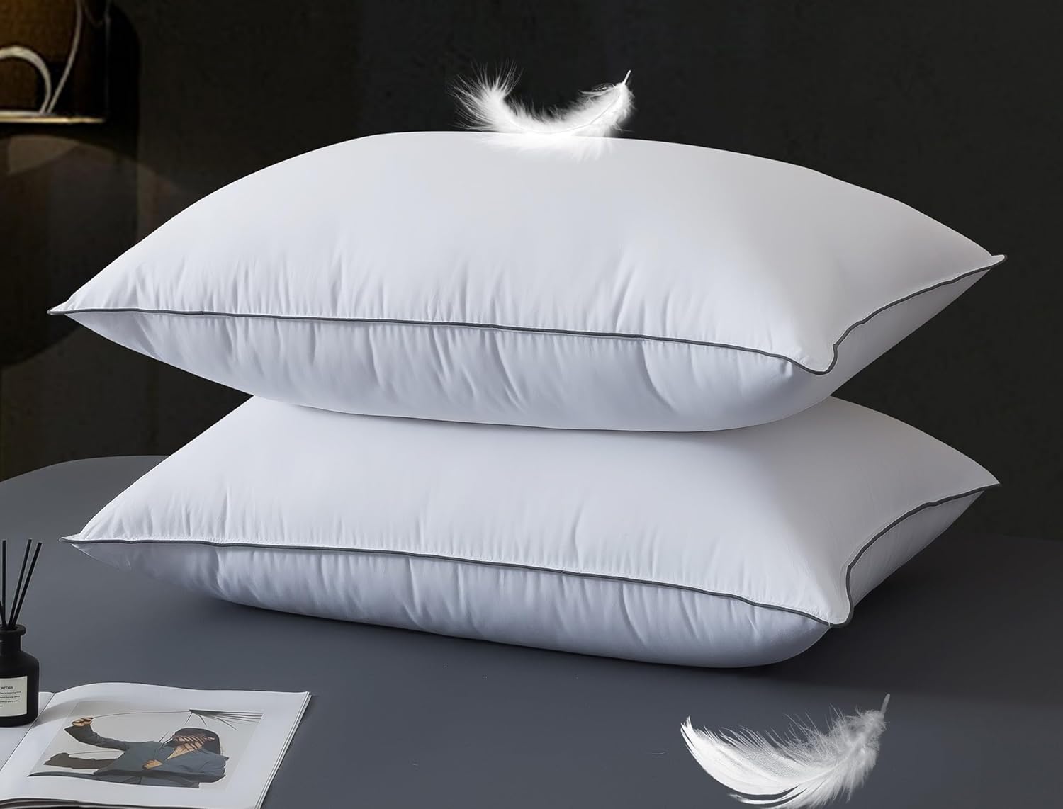 WhatsBedding Goose Down Pillows Queen Size Set of 2, Luxury Hotel Bed Pillows for Deep Sleep, Fluffy Soft Feather Down Pillow for Back, Stomach or Side Sleepers, 20" x 30"