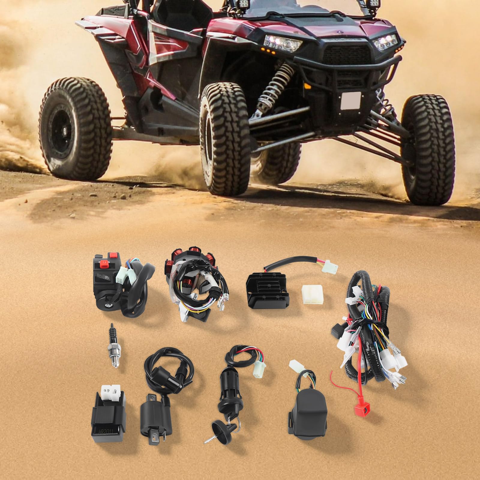 Zestaw wiązki przewodów ATV do silników 4-suwowych 125-250 cm³, kompletny zestaw elektryczny z cewką zapłonową, CDI i stojanem, przewód miedziany i wodoodporny przełącznik, bezpośredni montaż