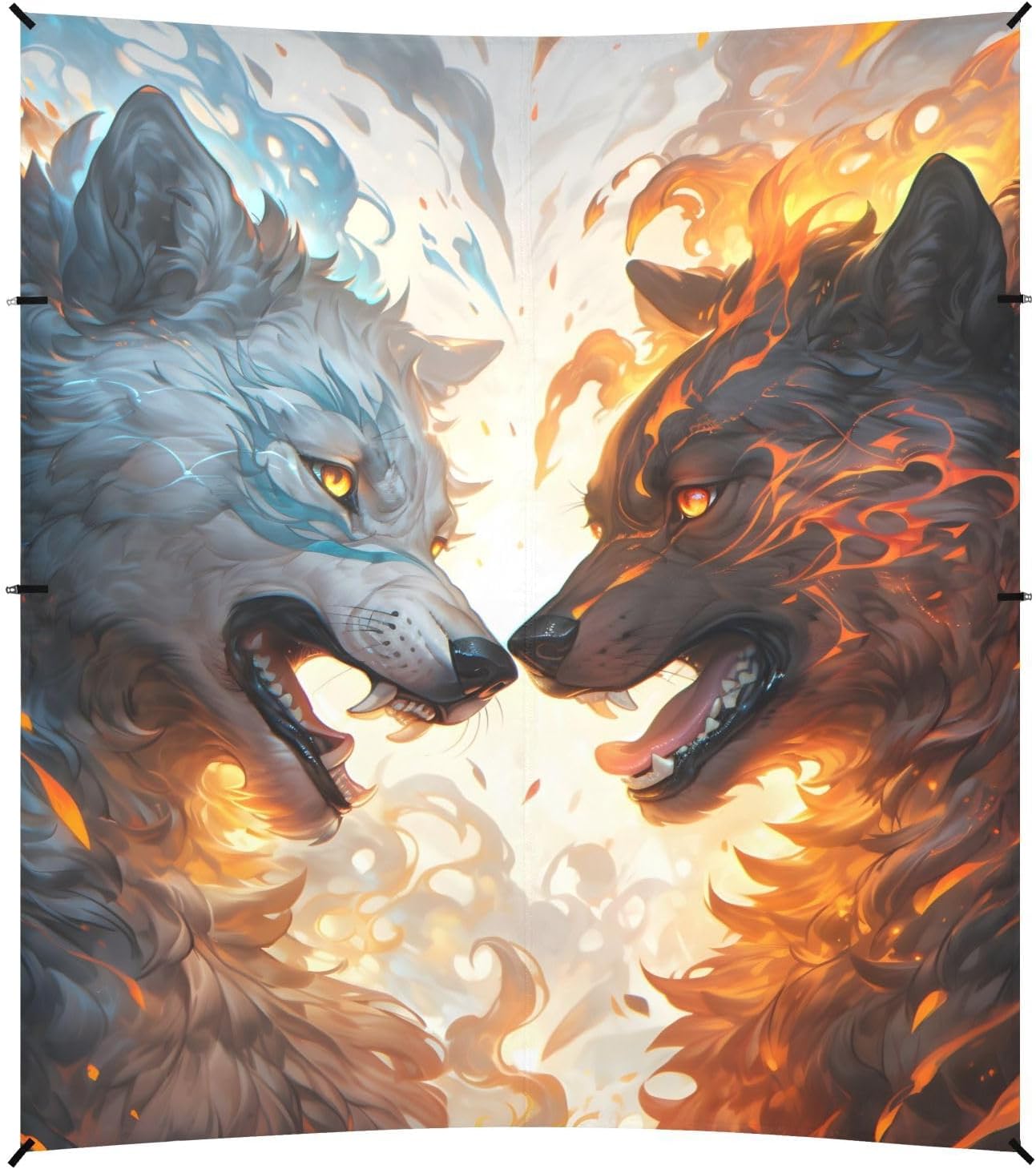 ALAZA Roarring Wolf Fire & Ice Beach Tent Sun Shelter UPF50+ Protection Beach Shade Canopy w/ 4 Sandbags for Outdoor Camping, Fishing, Backyard Fun, Picnic, 10x9 ft