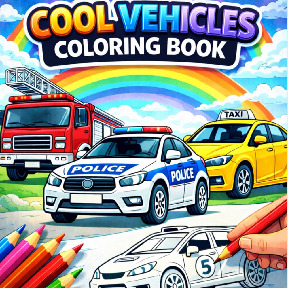 Cars and Trucks Coloring Book for Kids Ages 4–8/ Fun Vehicles, Emergency Cars, Construction Trucks & Cool Rides: Big, Easy and Fun Vehicle Pages Featuring Cars, Trucks, Emergency Vehicles and More
