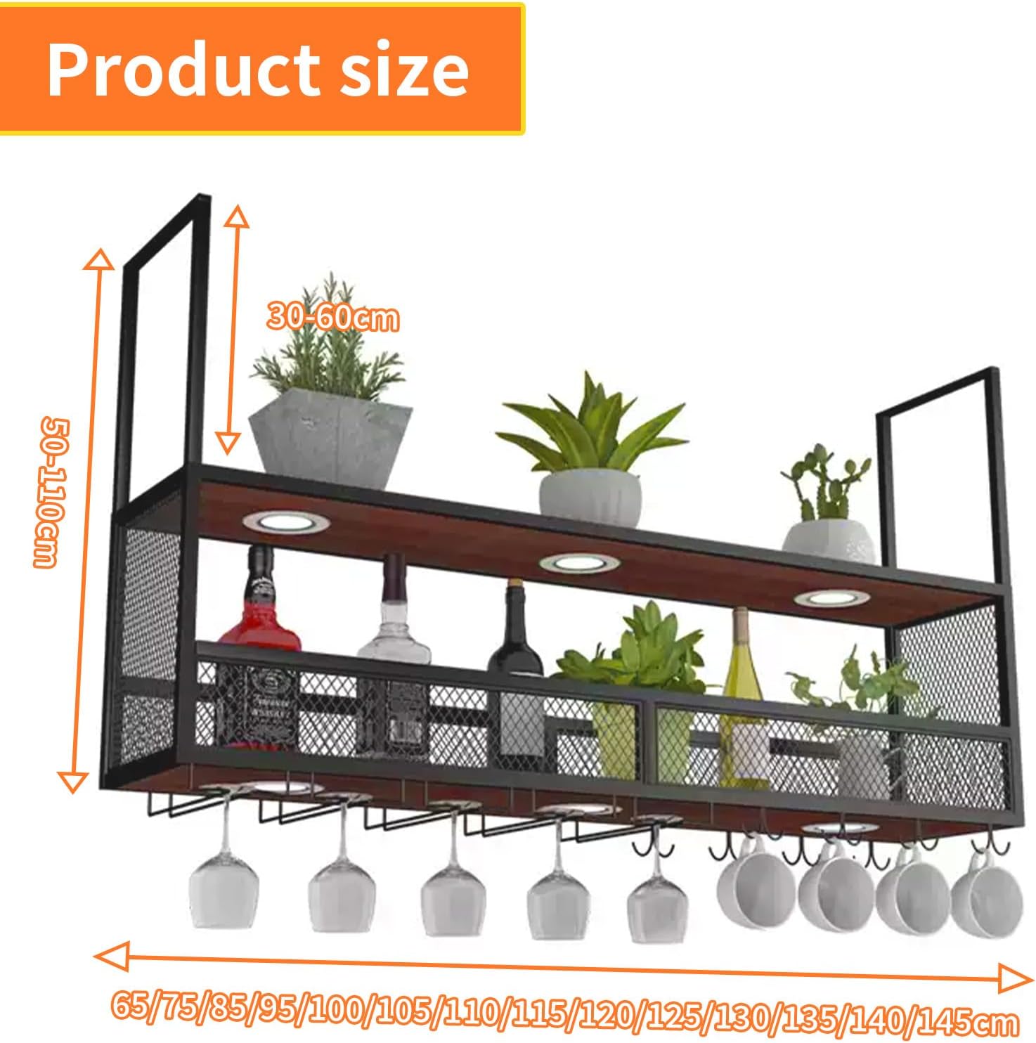 Industrial Free Standing Wine Rack 75x30x50cm, Hanging Bottle Holder for Home & Restaurant, Bar Accessories, Floating Shelf Storage, Black Commercial Wine