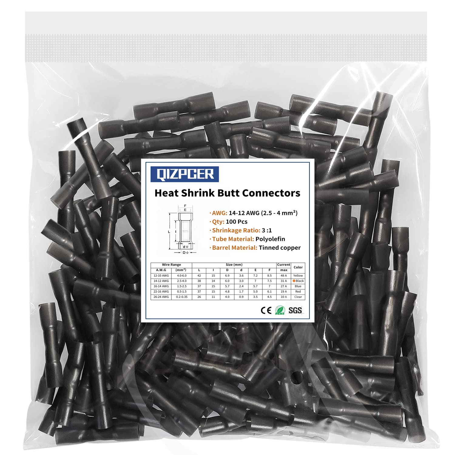 100 Pcs Black Heat Shrink Butt Connectors, 14-12 AWG Marine Grade Heat Shrink Wire Connectors, Tinned Copper, Waterproof Insulated Crimp Butt Splice Automotive Electrical Connectors