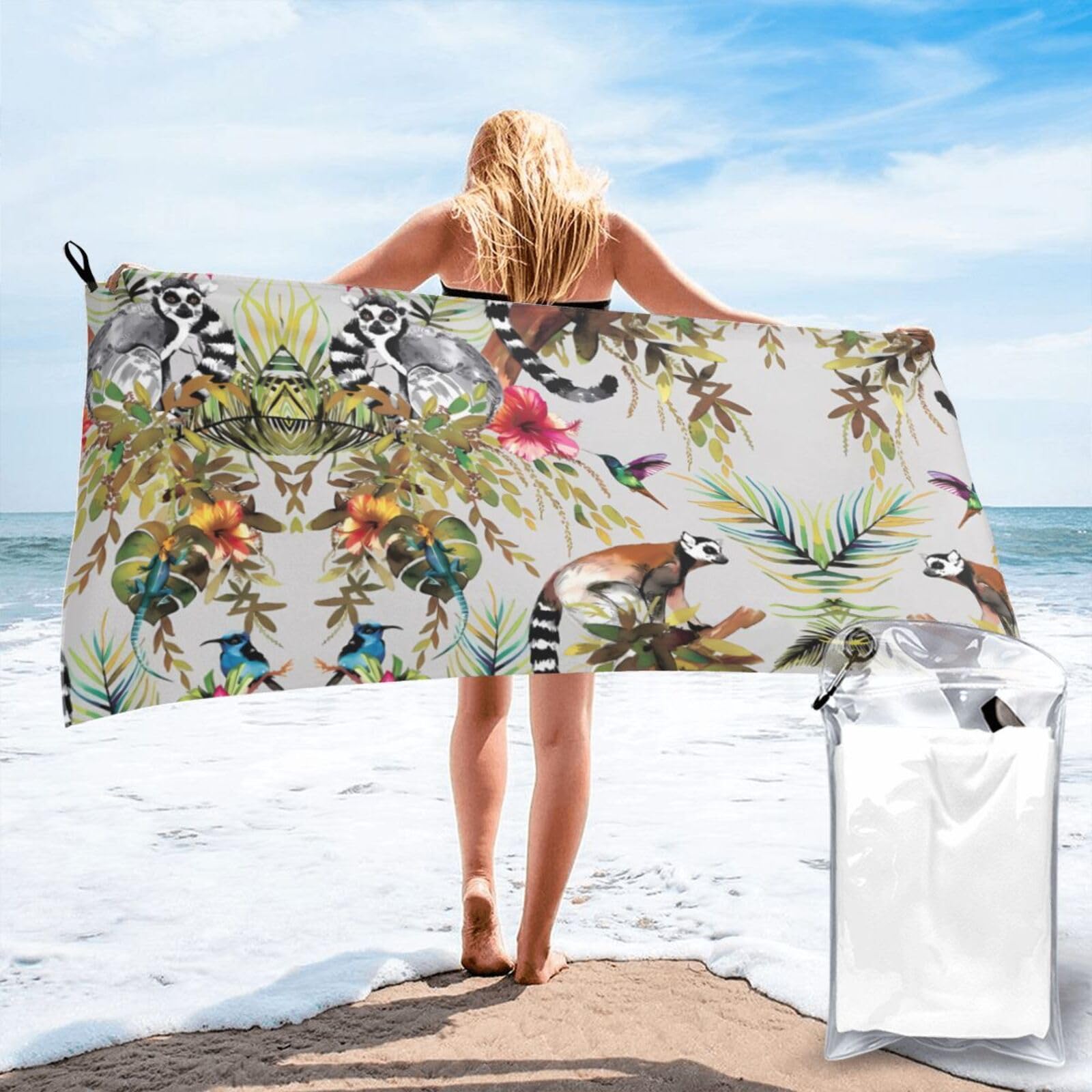 POEZJZW Animals Lemur Flowers Pattern Printed Beach Towel, Microfiber Bath Towel For Bathroom Swimming Pool Beach 31.5"X63"