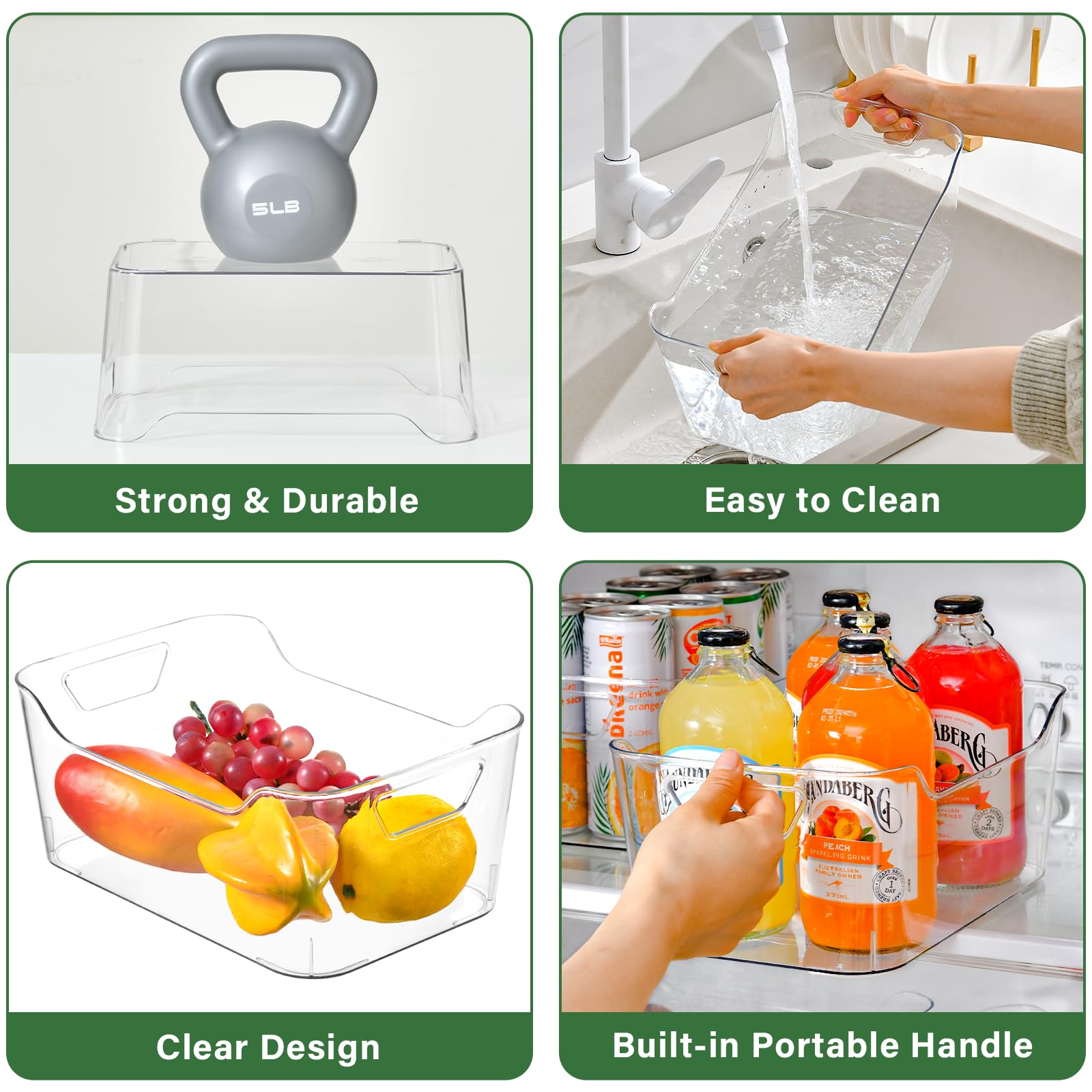 Paquete de 6 cajas de almacenamiento de plástico transparente, cesta de almacenamiento de plástico con asa para organizador de armario de cocina, despensa, baño, debajo del fregadero