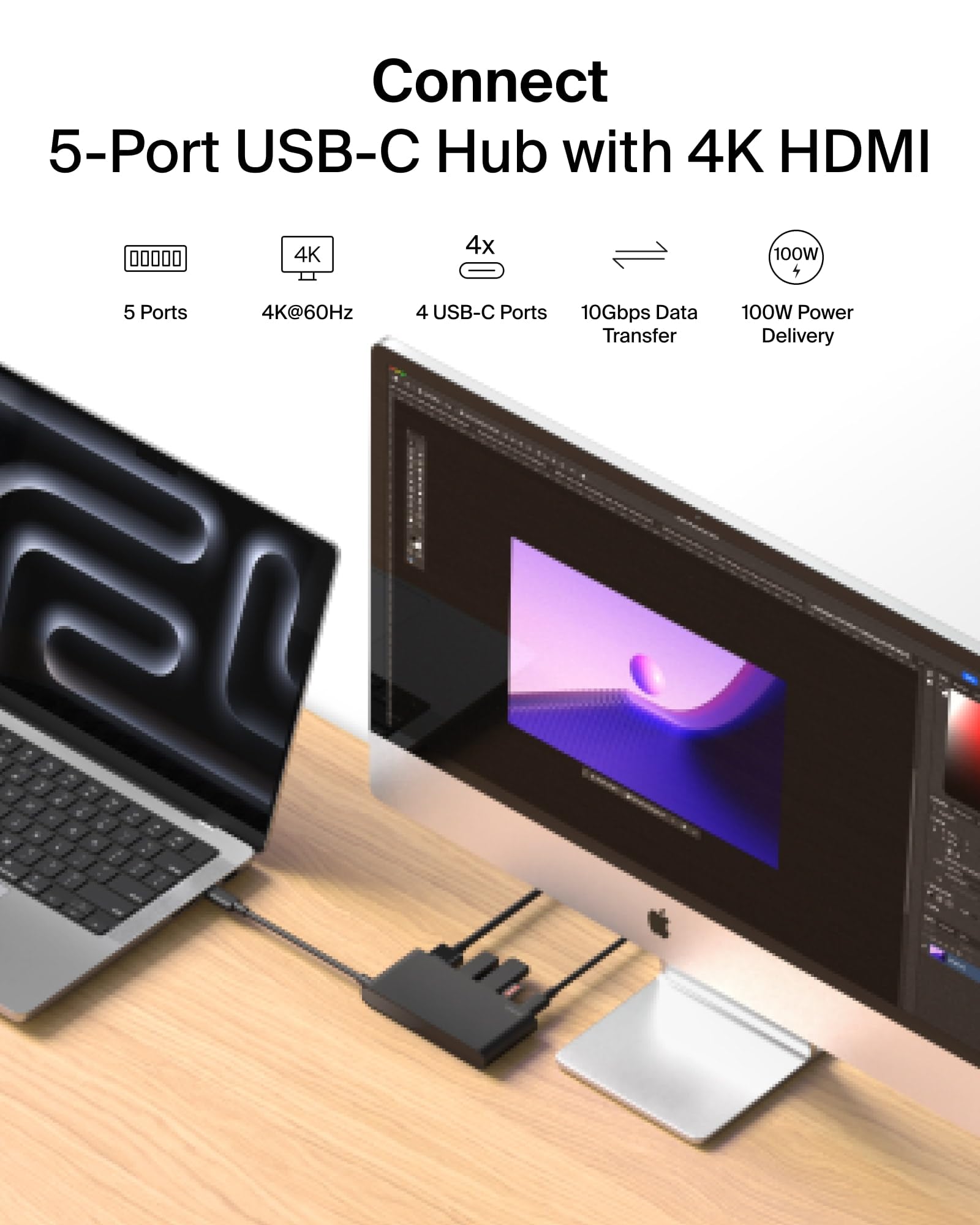Belkin Hub USB C, concentrador de 5 Puertos con Pantalla HDMI 4K a 60 Hz, Entrega de energía de 100 W, Transferencia de Datos rápida de 10 Gbps, Adaptador multipuerto USB C, Compatible con MacBook | Transferencia de datos de 10 Gbps, soporte de pantalla H