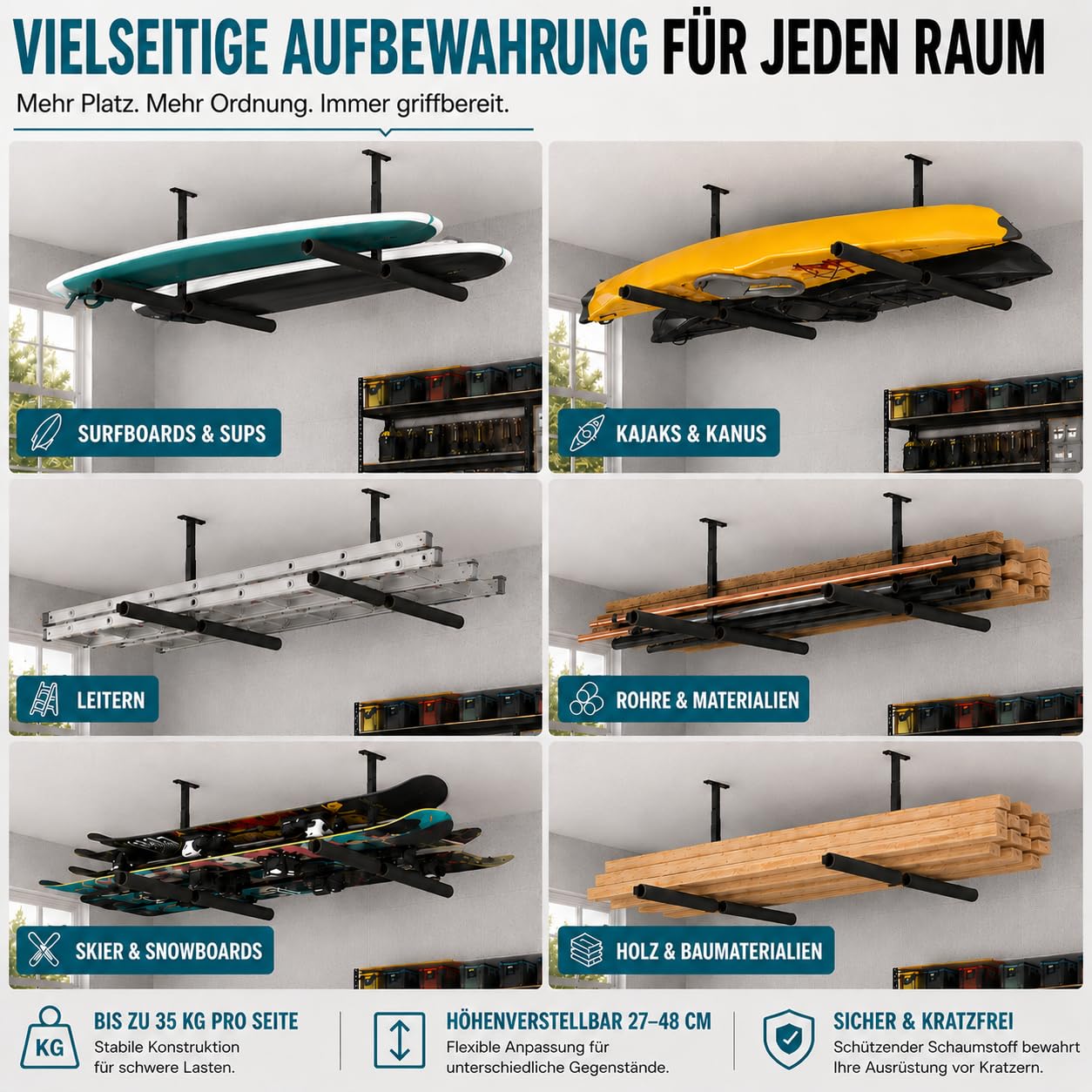 QLS Lot de 2 étagères suspendues pour plafond, échelle, kayak, planche de surf, rangement d'outils - Noir