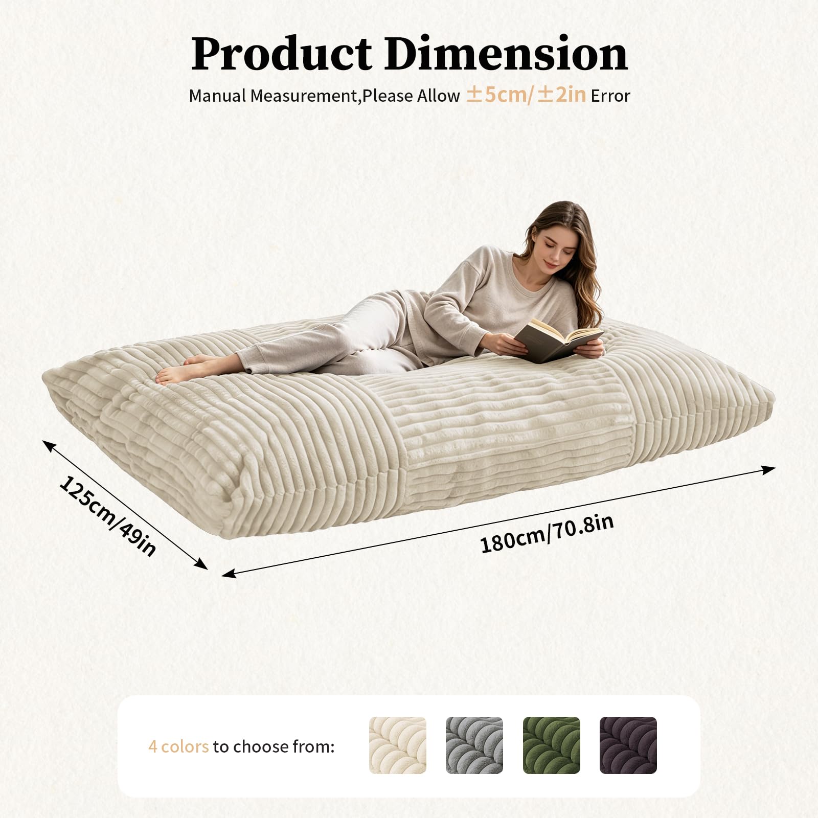 Puf XXL convertible 3 en 1 Bean Bag Sofá con espuma viscoelástica acolchada para sala de estar, puf de juegos, funda de pana mullida, color blanco