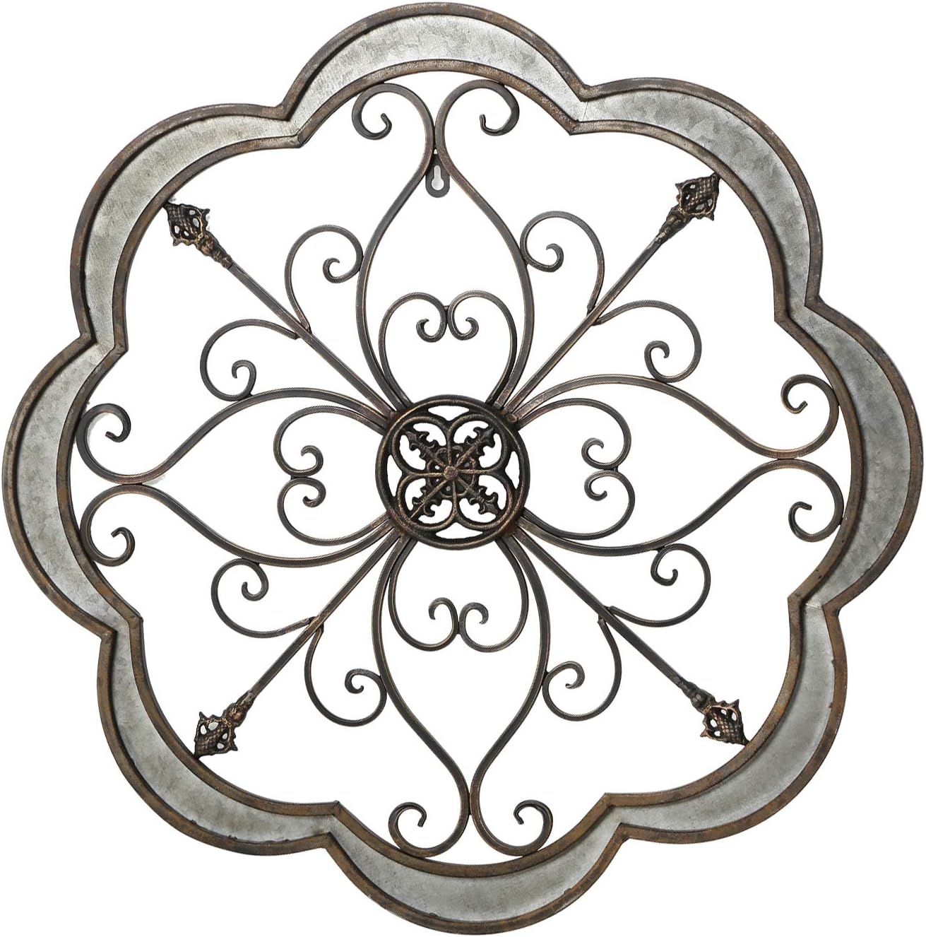 Adeco Urban Rustic Flower Scrolled/Fleur De lis Design, Metal Decor for Nature Home Art Decoration & Kitchen Holiday Wall Decorations, Christmas Wall Art Gifts, 24" X 24"