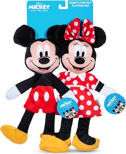Disney for Pets Mickey Mouse & Minnie Mouse Plush Squeaker with Crinkle Flattie Body Dog Toy Set Dog Toys | Plush Squeaker Toy for Dogs Inspired by Mickey Mouse, 13.5in - 2 Pack