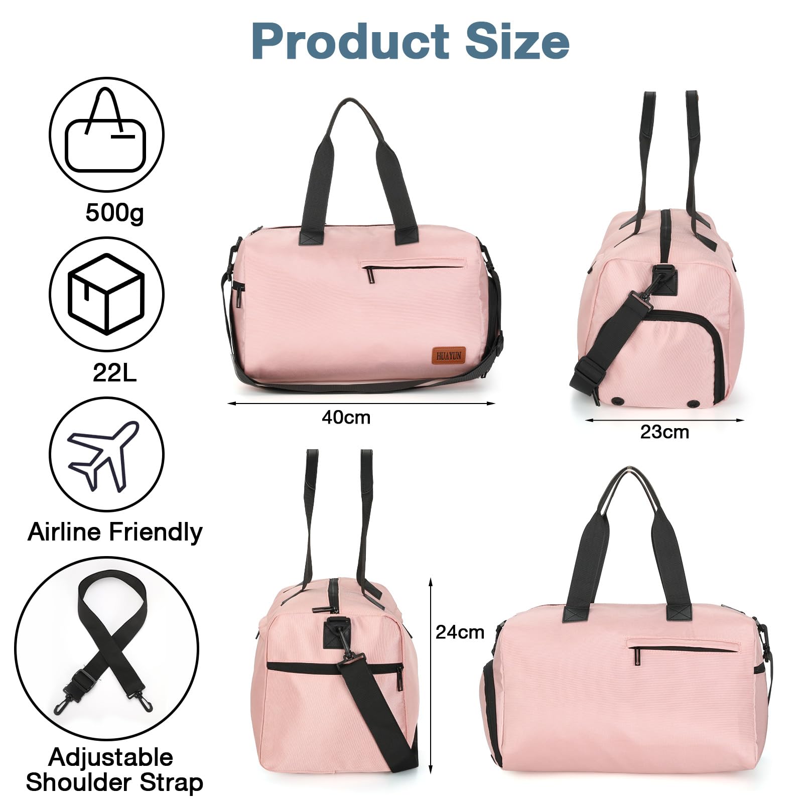 Romon Sac de Sport 22L Rose Imperméable Compartiment Chaussures Bandoulière Réglable