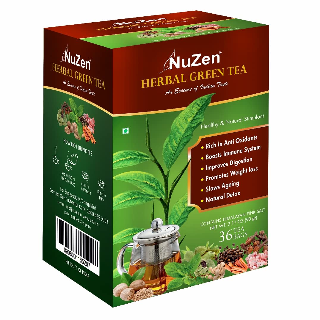 NuZen Herbal Green Tea Bags - 36 Tea bags | USP Includes Green Tea Ginger Tulsi and Himalayan Pink Salt for Weight Loss Anti aging and Immunity Booster| (B09KC4T45G) Amazon Price History, Amazon Price Tracker