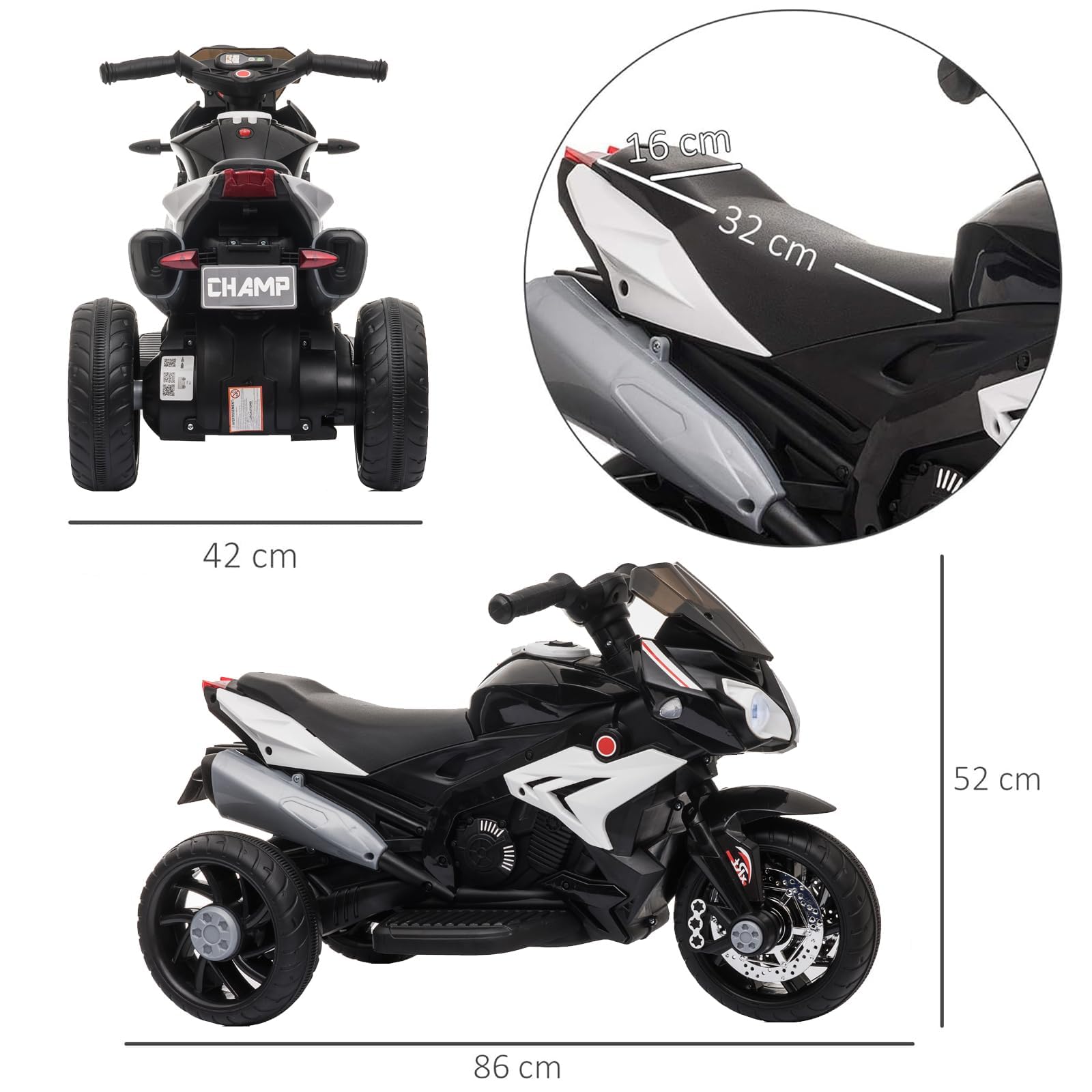 LEADZM Moto électrique pour Enfants de 3 à 5 Ans 6 V 7 Ah, Vitesse Max 3 km/h avec Musique & Lumière (Noir)