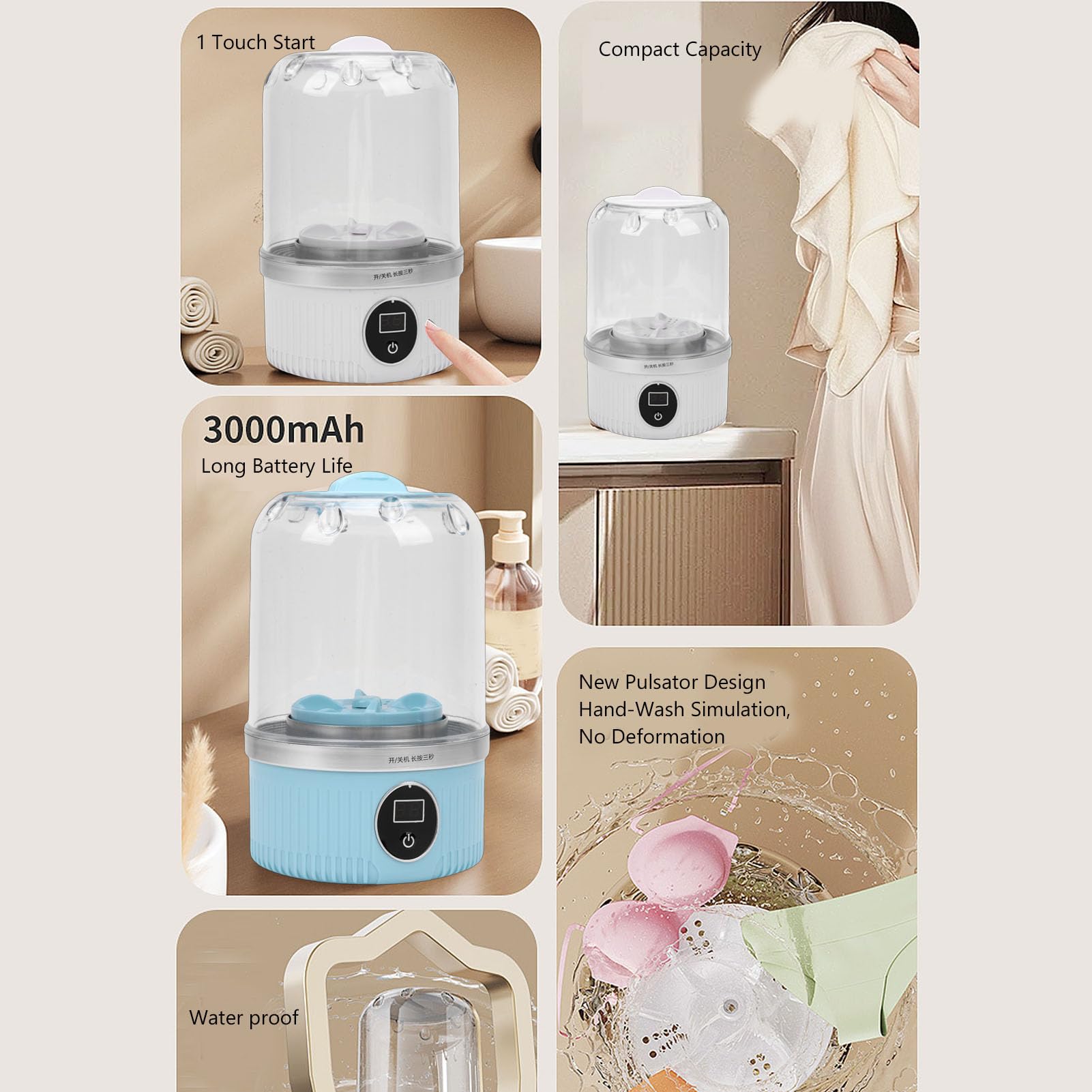 Lavadora Portátil, Mini Lavadora de Ropa Interior, Lavadora de Ropa Pequeña Inalámbrica Recargable para Calcetines, Viajes, RV, Apartamento, Hotel, Dormitorio (BLUE)