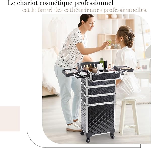 Valise de Maquillage 4-en-1 XXL Grande Capacité, Cadre Aluminium Mallette Cosmétique Verrouillable à roulettes 360°, pour Coiffure, Onglerie, Noir - 2