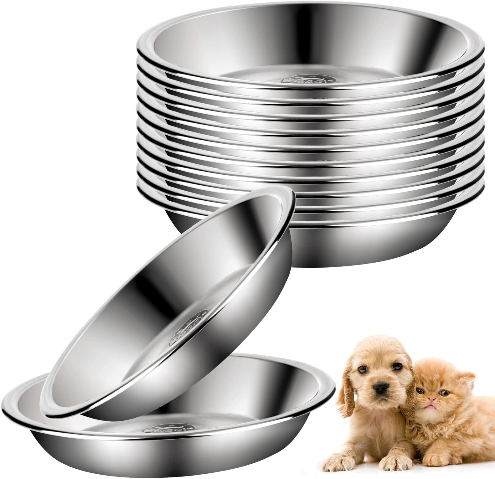 12 Pcs Stainless Steel Cat Bowls Shallow Cat Food Bowls, Replacement Whisker Fatigue Relief Cat Food Dish Bulk for Elevated Stand, Metal Food and Water Dish for Small Dogs and Cats (5.5 Inch Diameter)