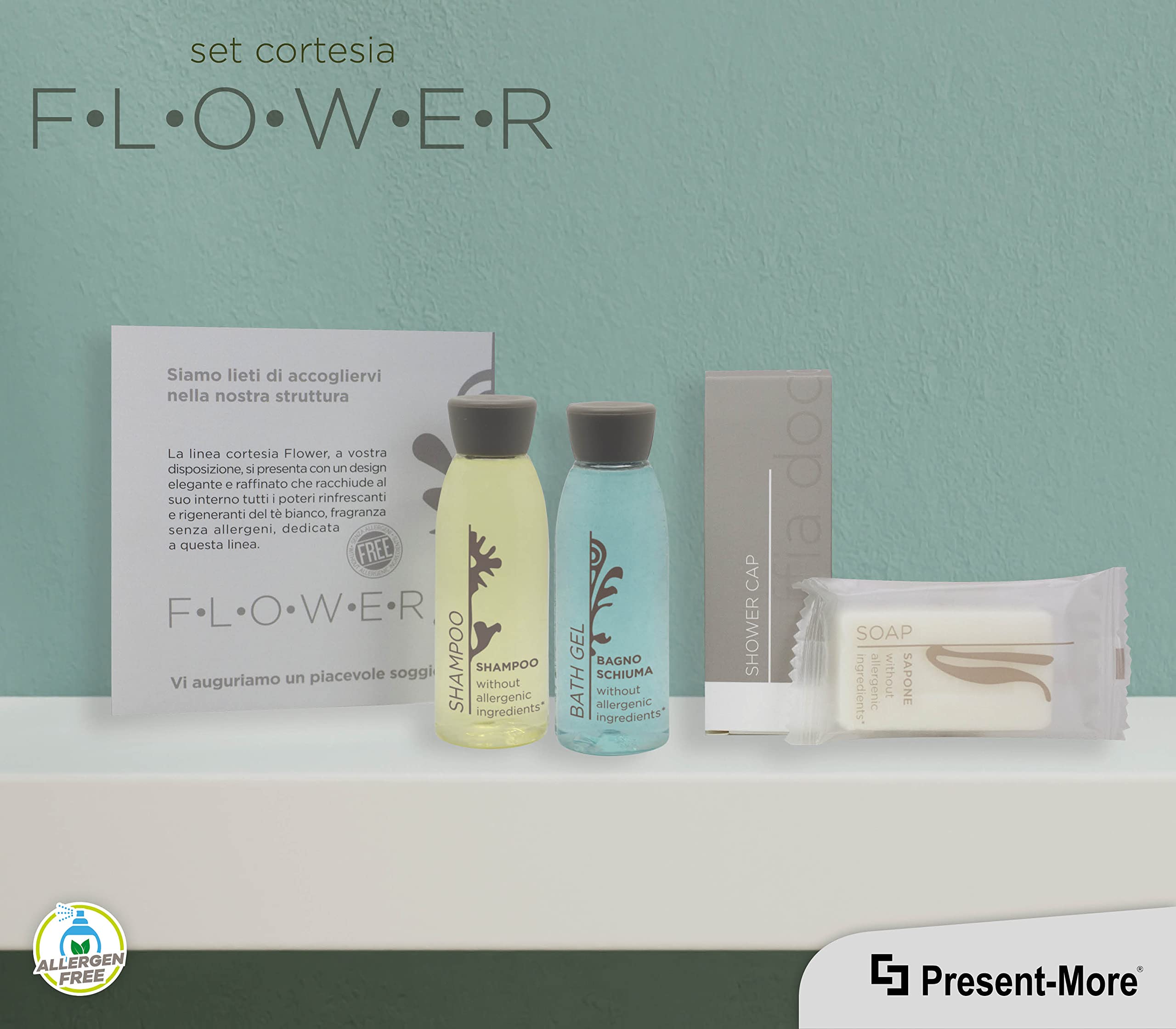 PRESENT-MORE - Kit Accueil 20 Invités Flower - Parfum Thé Vert - Contenu: Shampooing, Gel Douche, Savon et Bonnet de Douche - Pour Hôtels et B&B