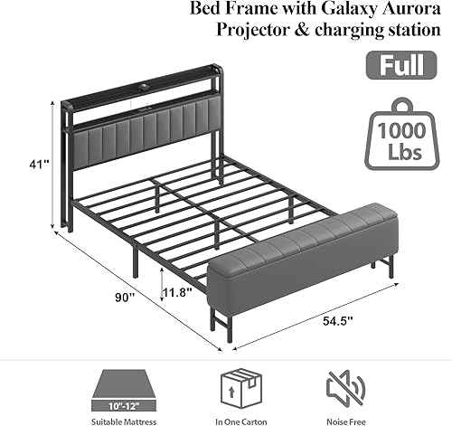 Miniatura 2 de Base de cama de tamaño matrimonial con proyector de estrellas y estación de carga, plataforma tapizada de piel sintética con cabecera de