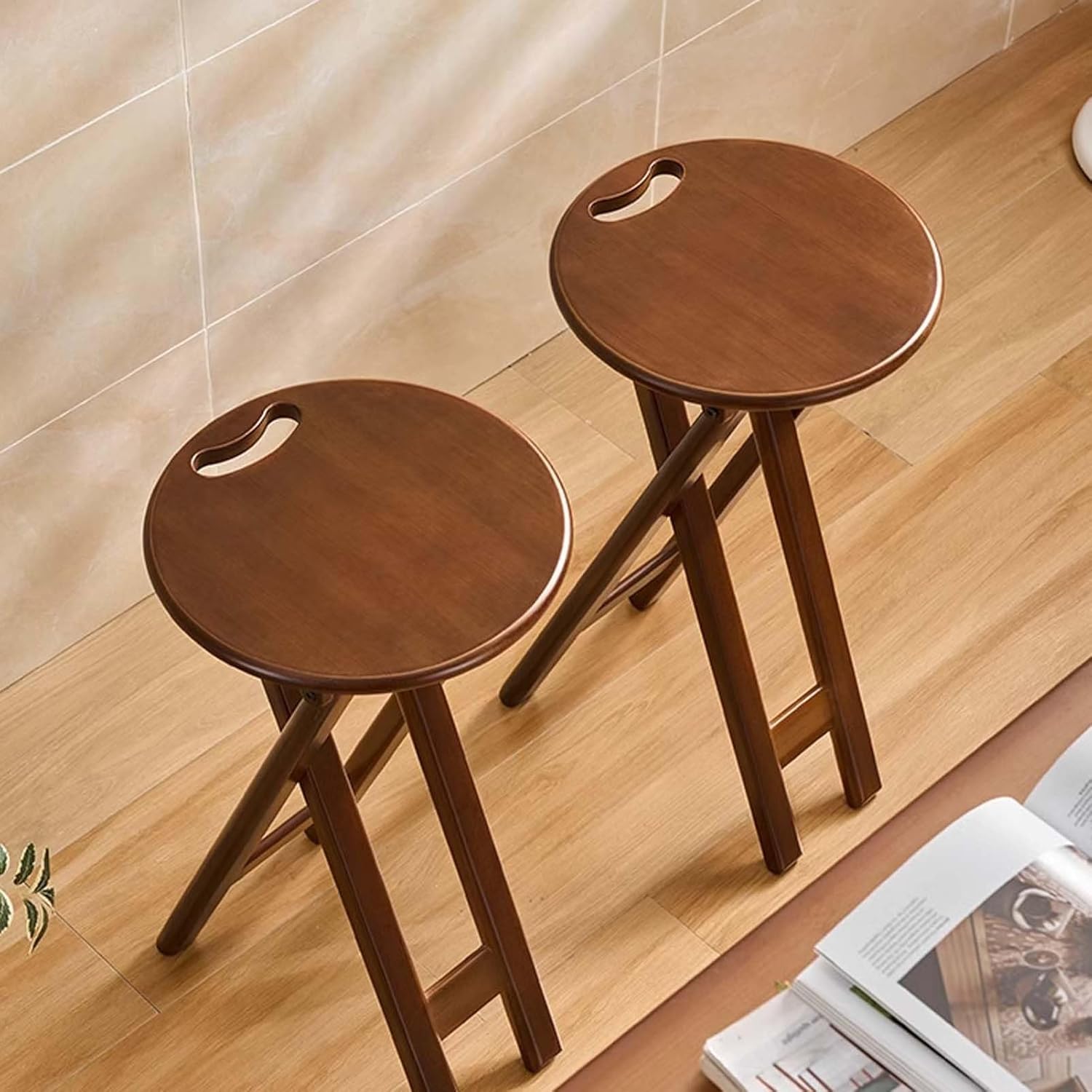 Folding High Stool Bamboo Kitchen Chair 24.8inches Banquetas para ras De Cocina with 12.6-inch Wide Bench Top Round for Dining Room