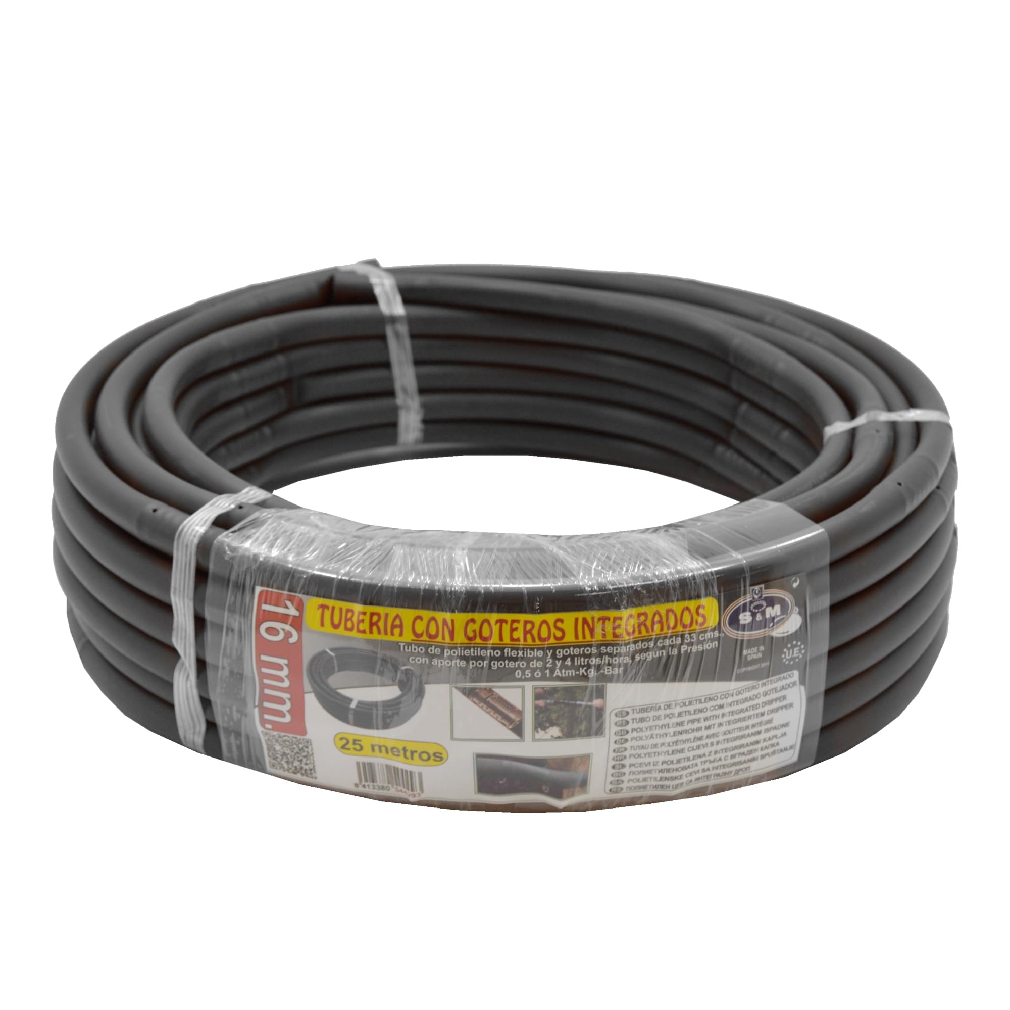 S&M 544989 - Tuyau noir en polyéthylène Ø 16 mm avec goutteurs intégrés tous les 33 cm pour irrigation goutte à goutte - Rouleau de 25 mètres | Les goutteurs arrosent entre 2 et 4 l/h selon la