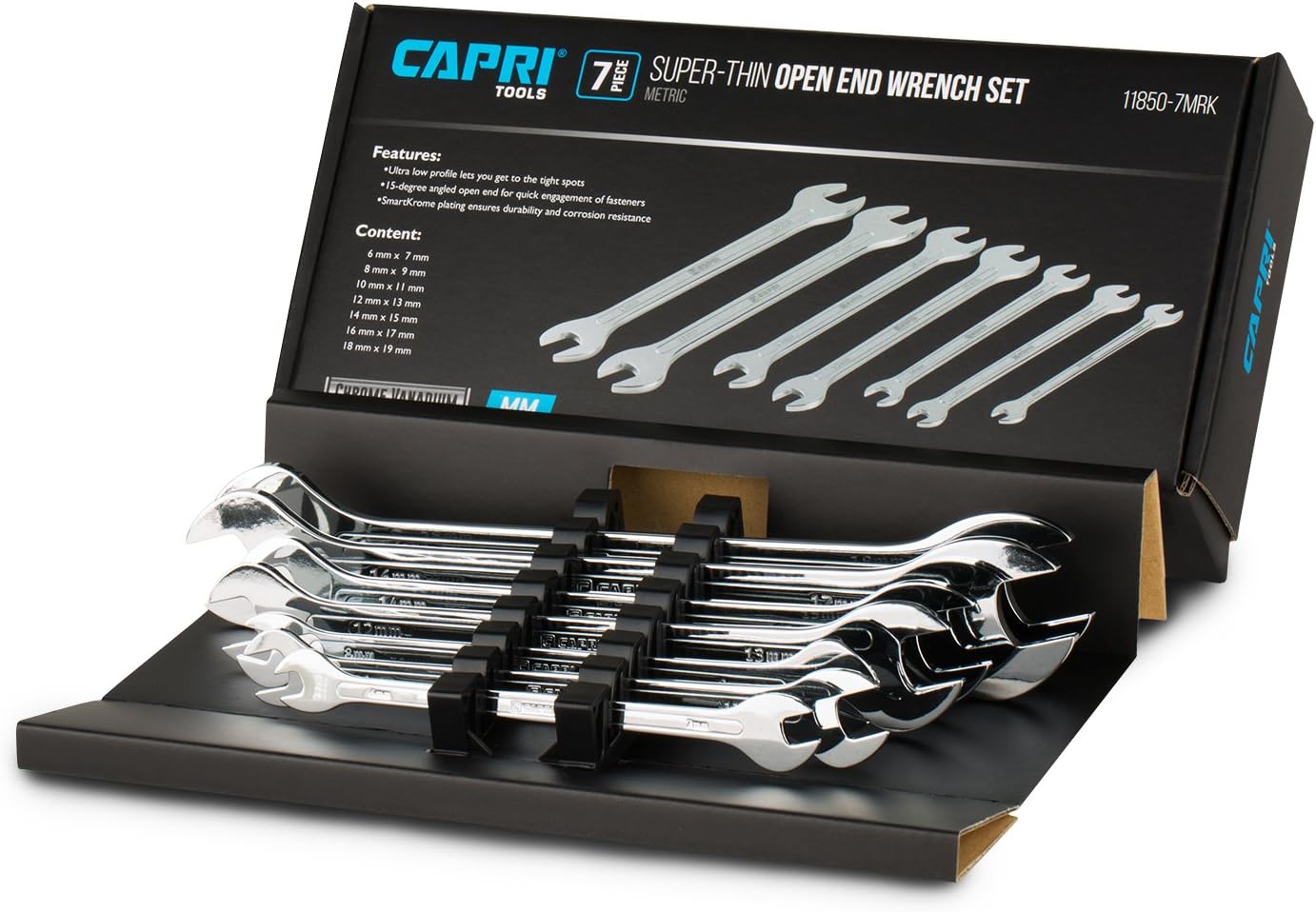 Capri Tools Super-Thin Open End Wrench Set, Metric, 6 to 19 mm, 7-Piece (11850-7MRK)
