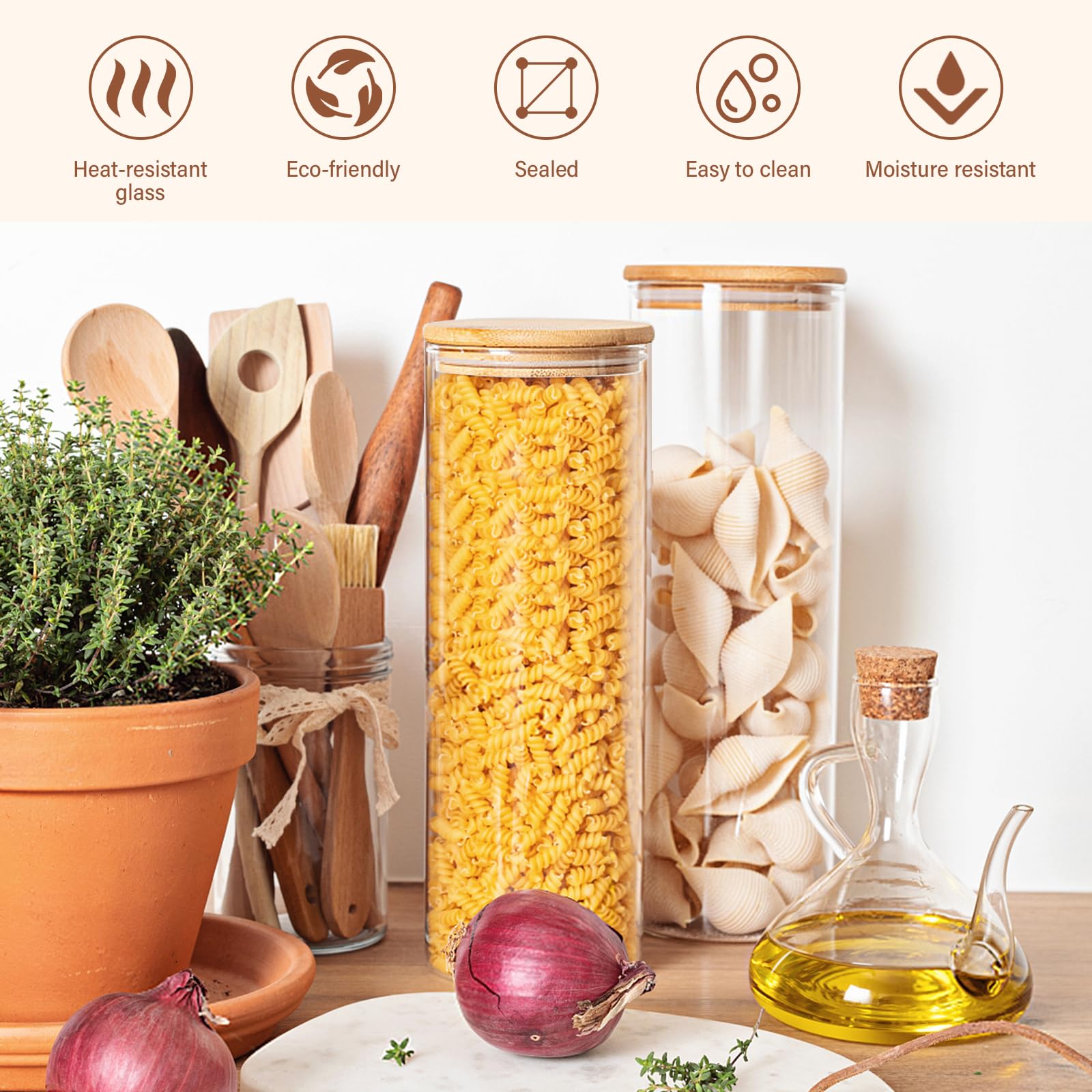Botes de almacenamiento con tapa, juego de 2, 1.400 ml botes de vidrio con tapa de bambú, botes de cocina herméticos para espaguetis, botes de especias, hechos de vidrio de borosilicato reforzado