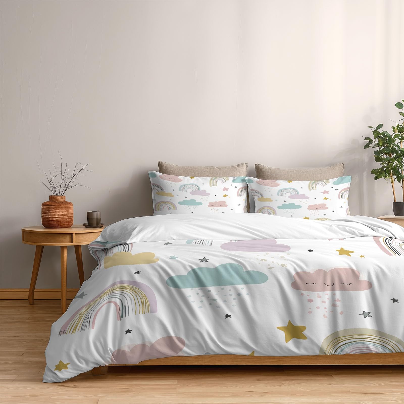Generisch 3-teiliges Bettwäsche-Set, 1 Bettbezug 240 x 220 cm und 2 Kissenbezüge 80 x 80 cm, Niedlicher Boho Minimal Regenbogen Wolken Sterne Weiche Mikrofaser, Einweihungsgeschenk, Weiß
