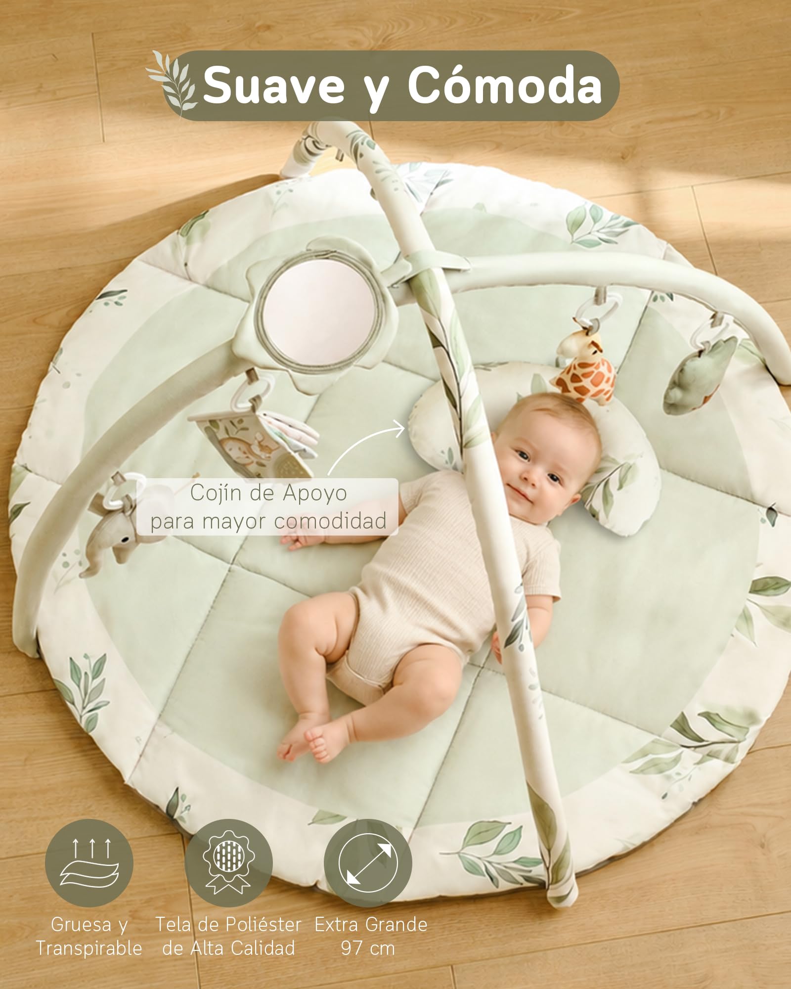 Fortella Gimnasio para Bebé, Tapete de Actividades, Manta de Juegos Plegable con 5 Juguetes Colgantes, Espejo y Almohada -Alfombra Acolchada para el Gateo, Desarrollo Infantil, 0-3-6-12 Meses(Verde)