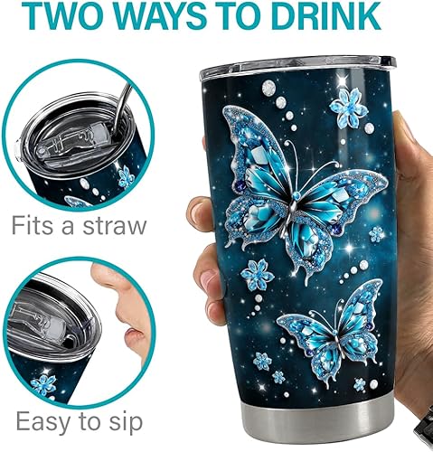 Miniatura 7 de SANDJEST Vaso de mariposa de 20 onzas con aislamiento de acero inoxidable para café, taza de viaje, taza de joyería con dibujos, regalos de mariposa