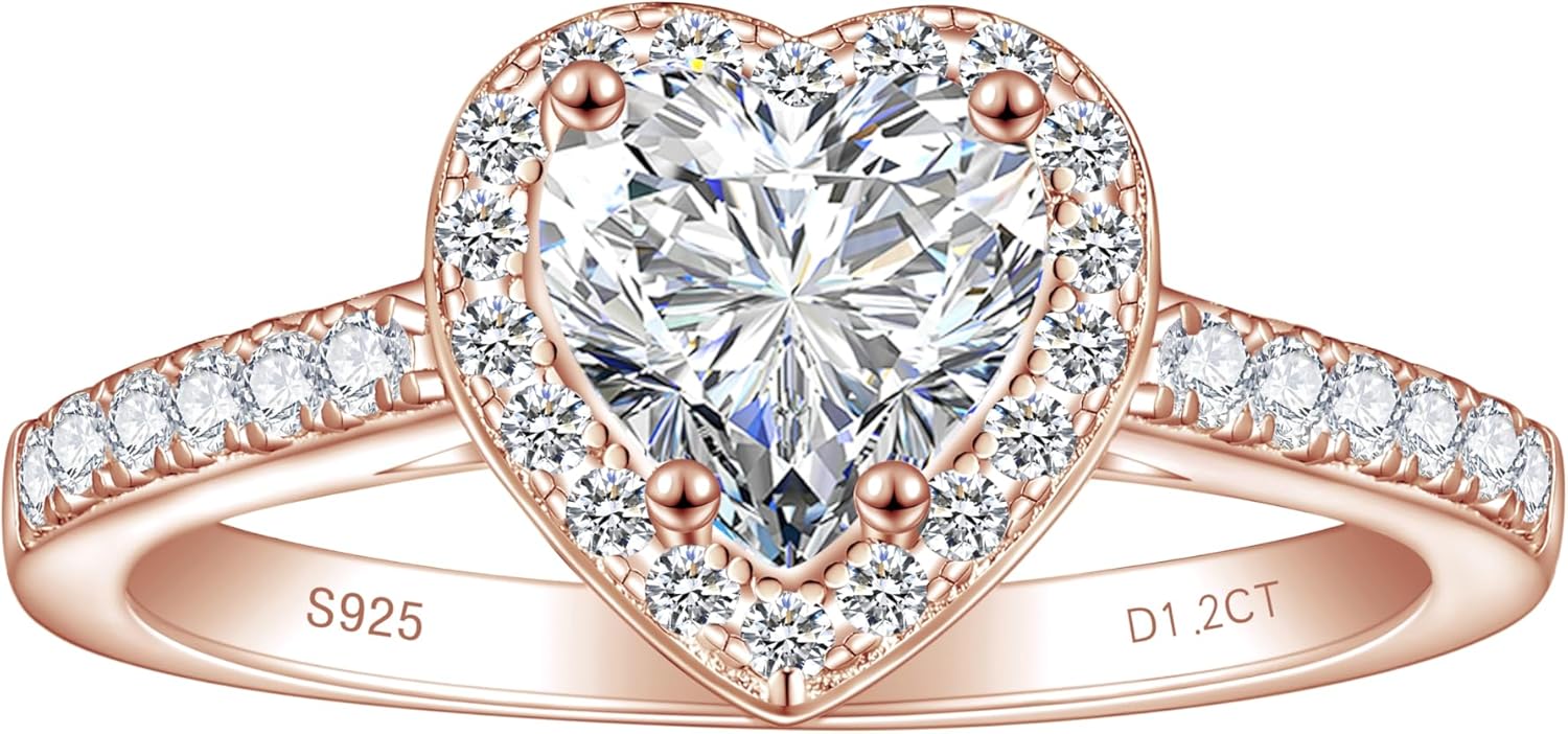 1/1.5/2CT 925 Sterling Silver Heart Moissanite Engagement Rings for Women D Color VVS1 Heart-Shaped Promise Ring for Her Size 4-10
