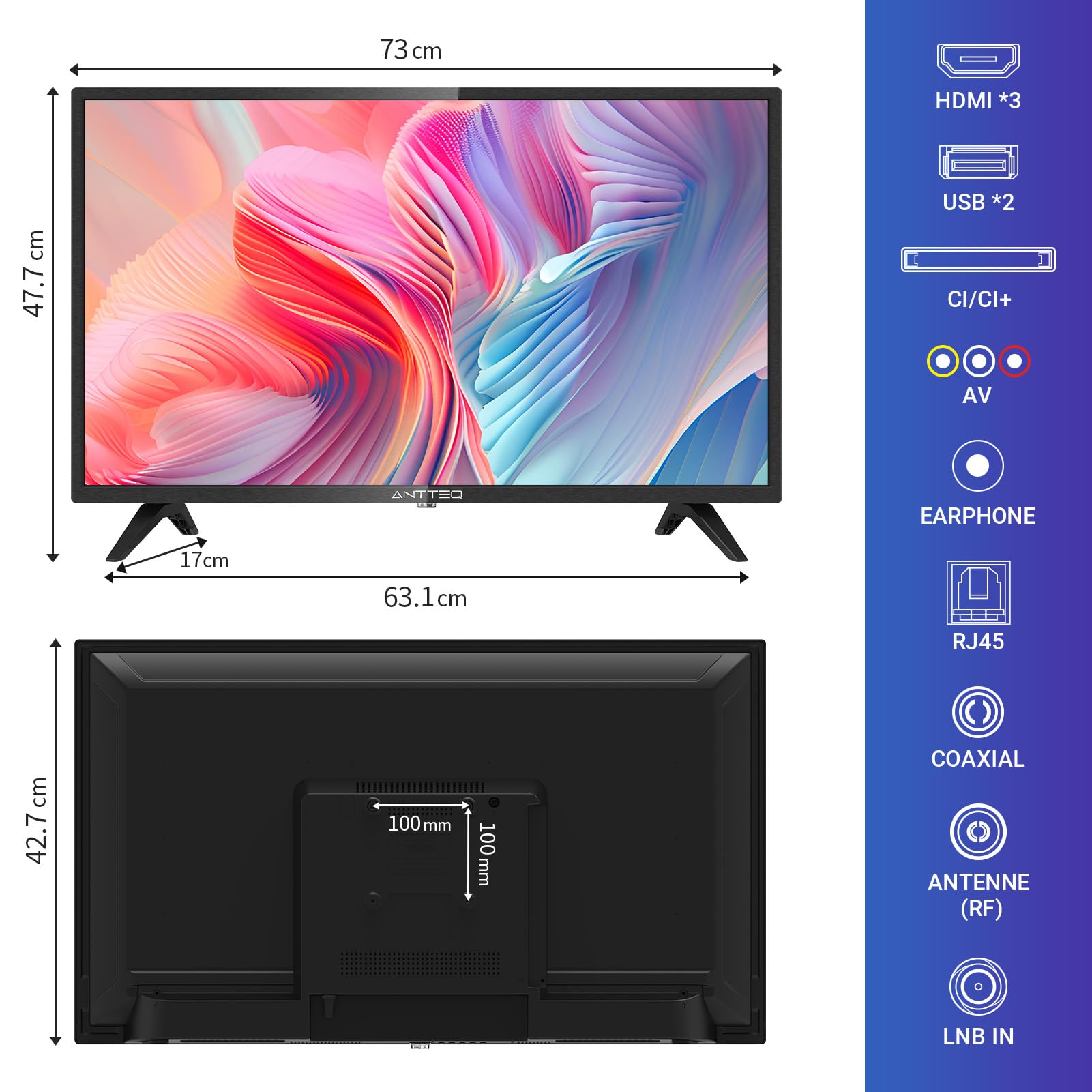 Antteq AG32H3 Smart TV 32 Zoll Bluetooth (Fernseher 80 cm) Android TV mit WLAN, Sprachassistent, Triple Tuner (DVB-C/S2/T2), Google Play Store (DAZN/Netflix/Prime Video), WiFi