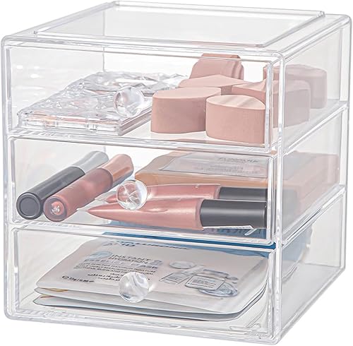 Miniatura 7 de Caja organizadora de cajones de maquillaje con 3 cajones, vitrina de acrílico para cosméticos, organizador de tocador, caja de almacenamiento