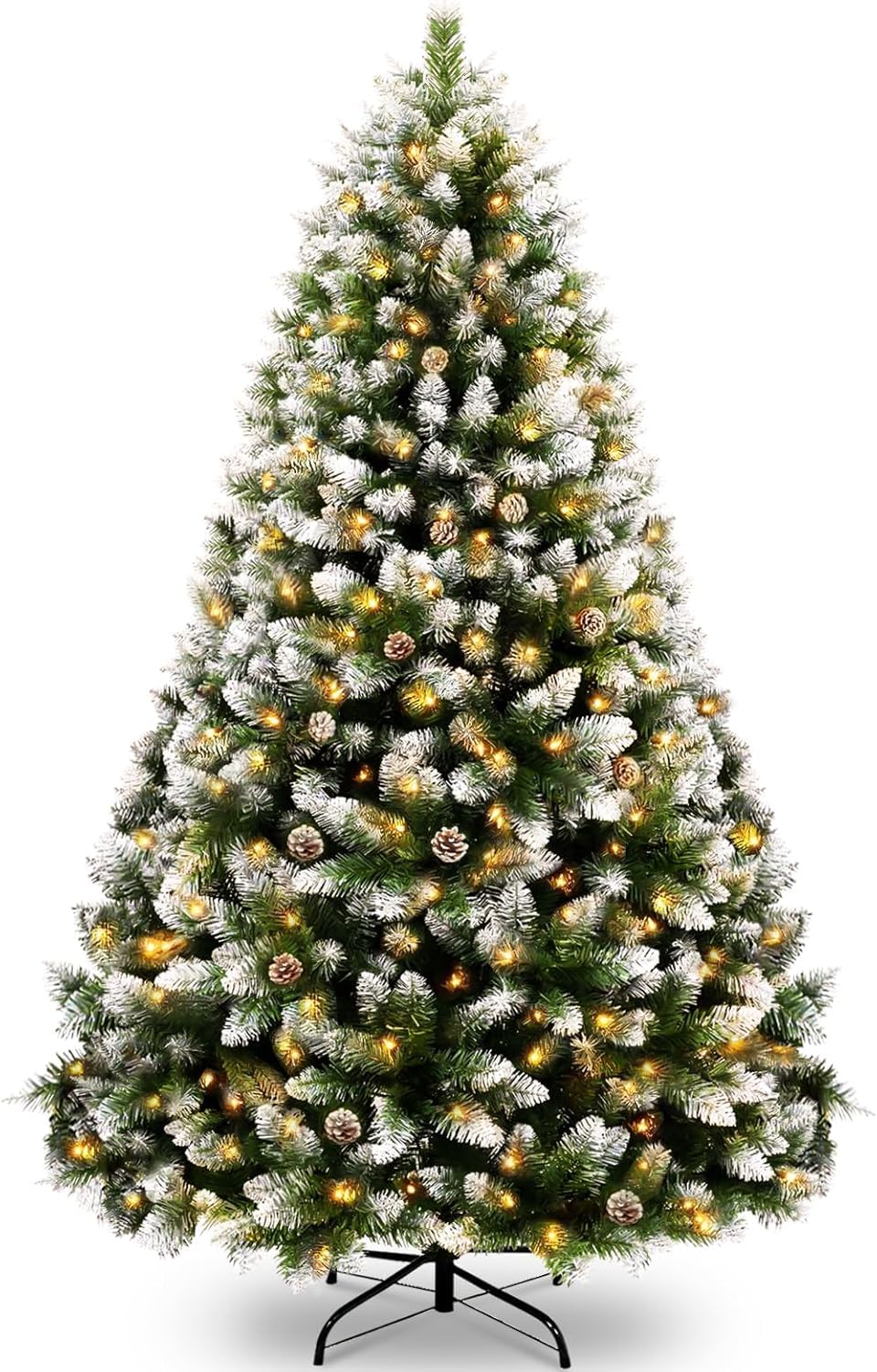 QLOFEI 180cm Arbol de Navidad Nevado Artificial con Nieve y 300 Luces LED Cálidas, Arbol de Navidad con Luces Incorporadas, 856 Puntas y Soporte de Metal para Hogar Oficina Comercio Fiesta