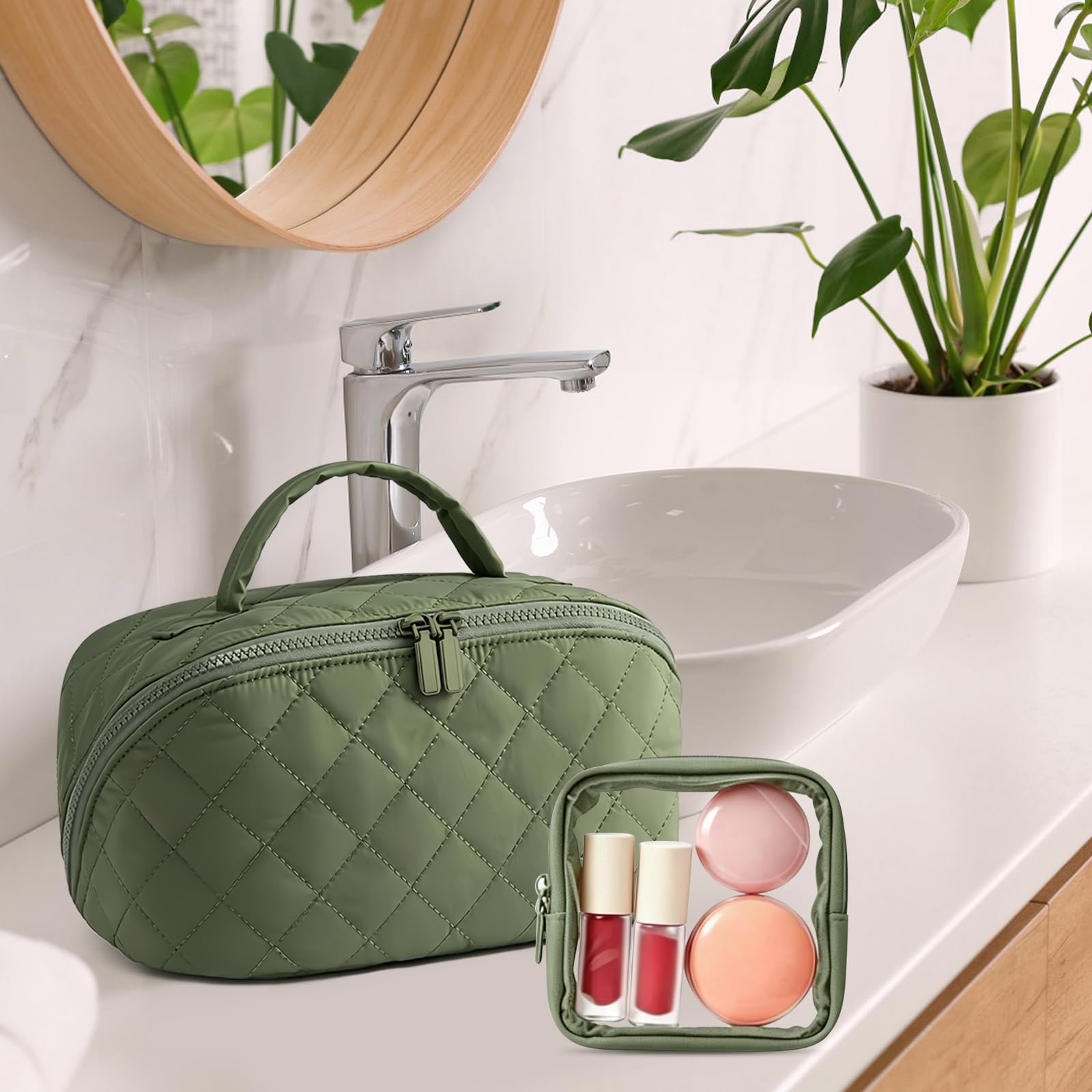Beauty case da donna con apertura a 180° e scomparti organizer, grande capacità beauty case e trousse da viaggio, verde