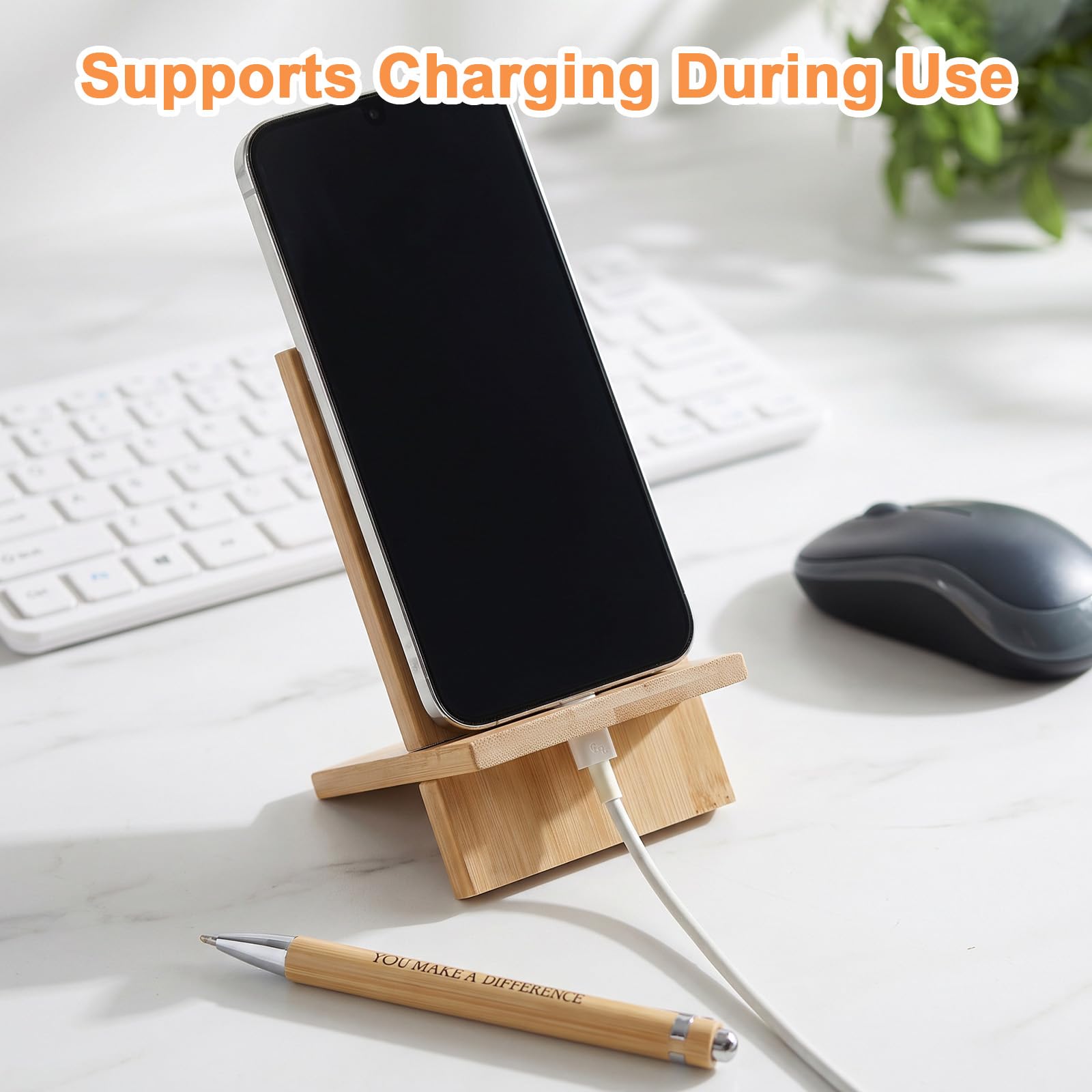 Ripeng Set di 20 supporti per telefono natalizi in bambù con penne a sfera per scrivania, impiegati, colleghi, volontari, infermiere, insegnanti (singolo)