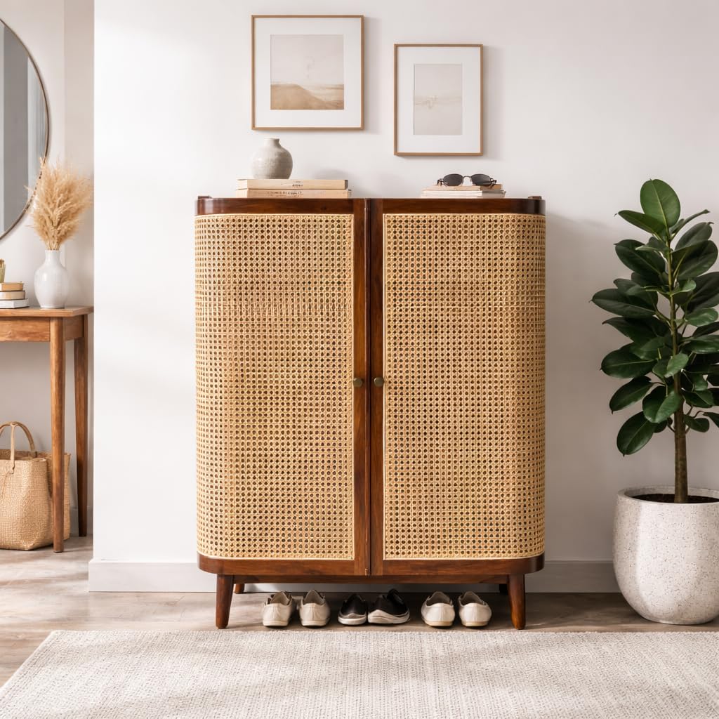 Solid Wooden Cane Shoe Rack Cabinet Storage with 2 Door & Shelf Storage for Entryway, Living Room, Balcony & Home, Brown Finish, Rattan Cabinet (84 L x 35.5 W x 117 H CM)