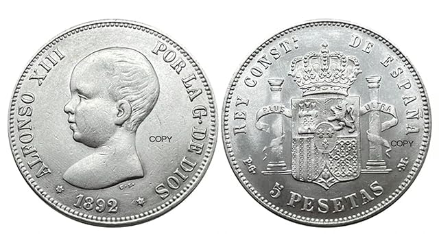 QYZXTH España 1892 5 Pesetas Alfonso XIII Plata Copia Conmemorativa Moneda Moneda Monedas de Colección-Plata