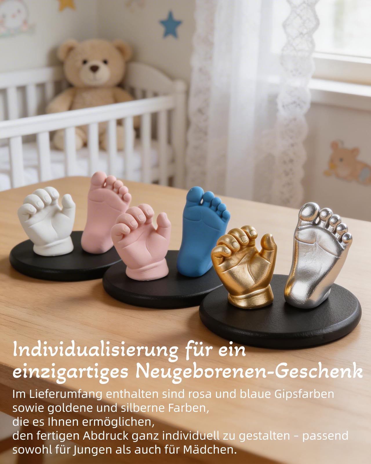 3D-Baby-Guss-Set, Fußabdruck und Handform, Rosa und Blau, mit Holzsockel, personalisiertes Geschenk für Neugeborene, für Jungen und Mädchen, 0-9 Monate