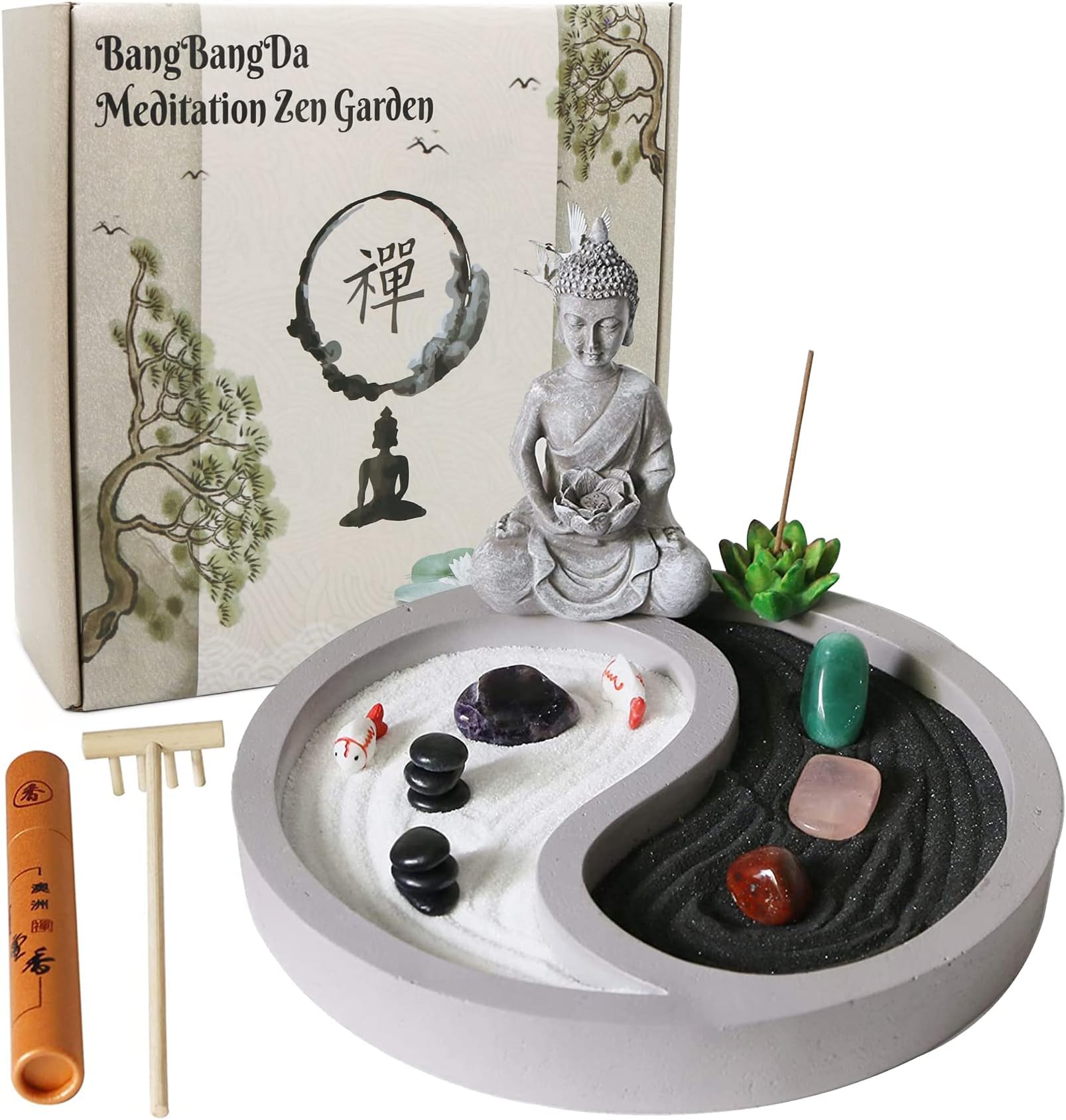 Mini Zen Kneeling Set - Yin Yang Crystal Sand Garden with Zen Rake Buddha Statue Healing Stones White Sand, Japanese Rock Garden Meditation Gift for Home Office Desktop
