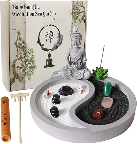 Mini kit de jardín zen para escritorio, Yin Yang Crystal Sand Rock Garden con rastrillo zen de Buda, piedras curativas, arena blanca, juego de
