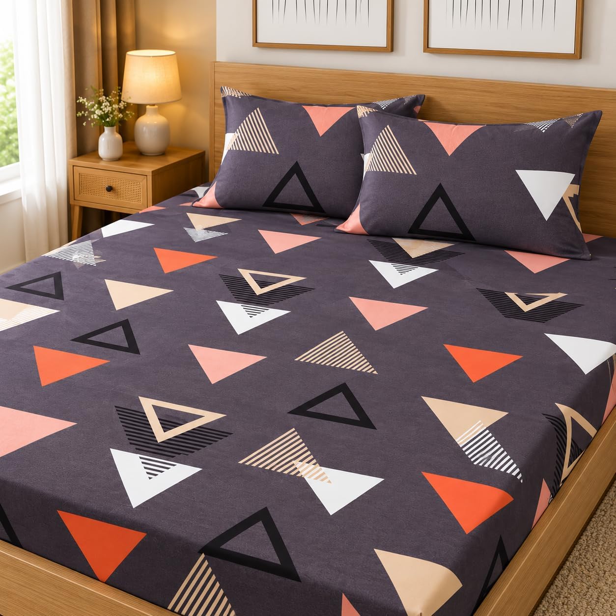 BSB Home Premium Cotton Elastic Fitted Geometric Bedsheets with 2 King Size Pillow Covers | Double Bed with All Around Elastic 180 TC Supersoft | (72"X78", Grey & Orange), 180-200 TC