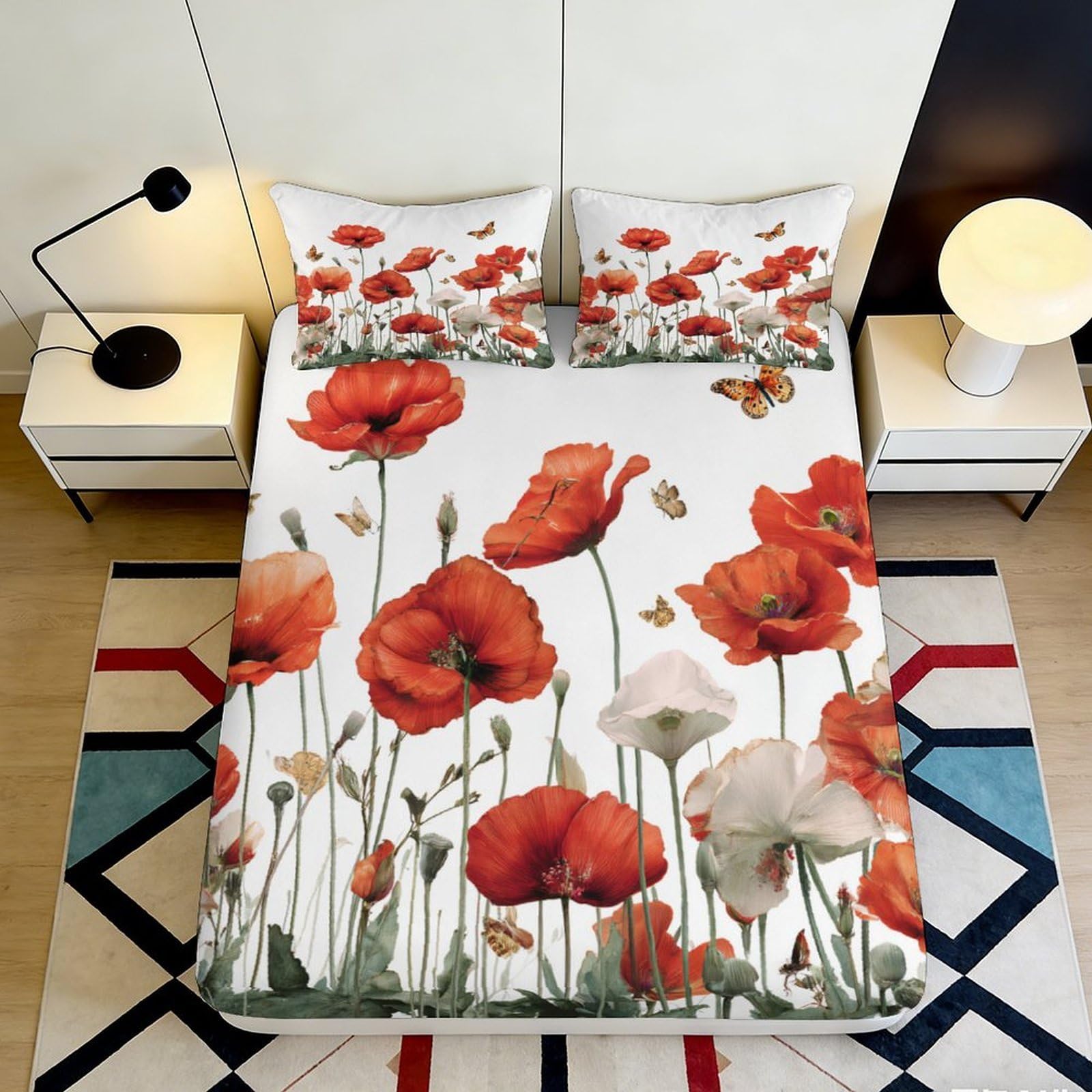 3D Printed Red Poppy Fitted Sheet Microfiber Soft Floral Butterfly Bed Cover for Bedroom Guest Room Easy Care 90x200x25cm